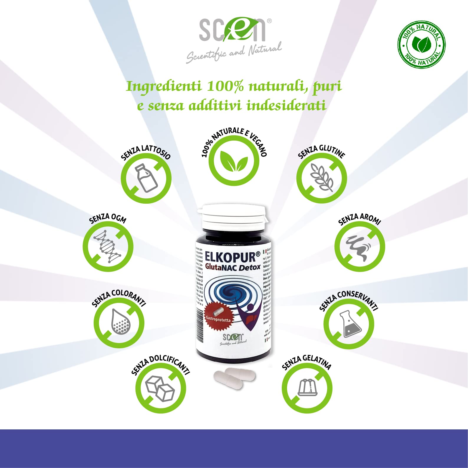 SCEN Elkopur GlutaNAC Detox – L‑Glutatione Ridotto + NAC + Vitamina E + Selenio – Capsule Gastroresistenti – Made in Italy – Confezione da 2