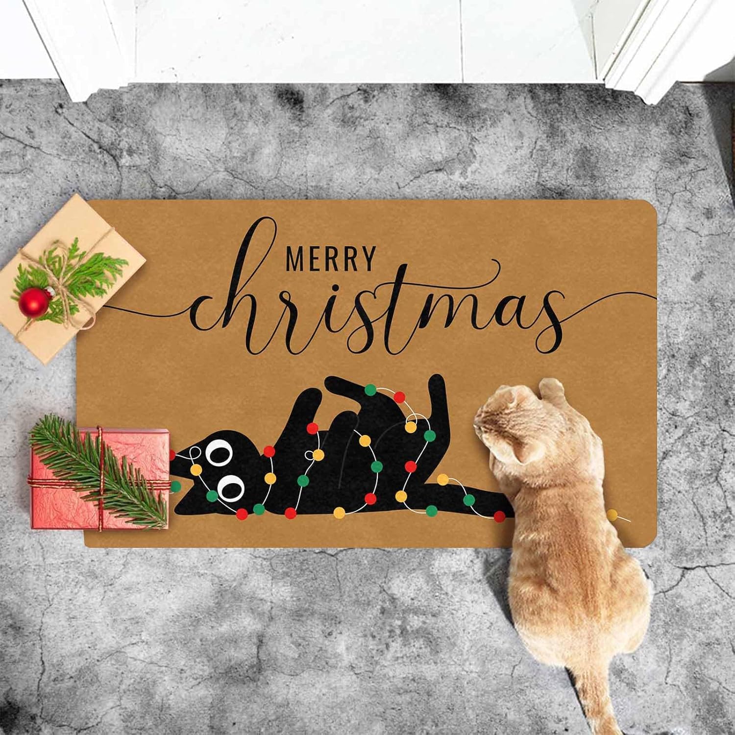 Merry Christmas Door Mat - 30 * 18 Inch - Black Cat with Colorful String Lights - Christmas Welcome Doormat for Front Door,Entryway - Cute Door Mat for Outdoor,Indoor - Kitchen,Bathroom Home Decor