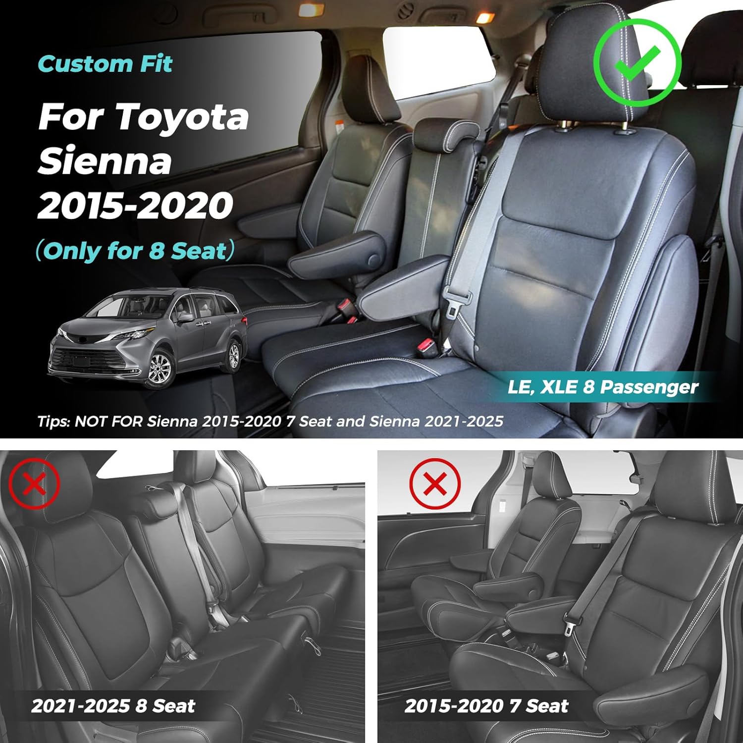 for Toyota Sienna 2015-2020 Three Row 8 Seat Covers Full Set, Custom Fit Sienna LE,XLE, SE,XLE Premium Faux Leather Car Seat Protector Full Coverage Seat Protector(Beige) 2015-2020 LE & XLE & SE & XLE Premium, 8 seat Beige
