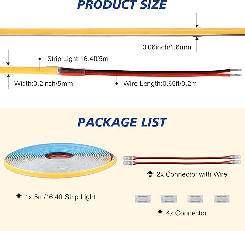 Miniatura 6 de C1 COB - Tira de luz LED blanca cálida de 3000 K, luz de cinta LED flexible de 16.4 pies, DC24V 8WM 0.197 in de ancho, cinta LED regulable para
