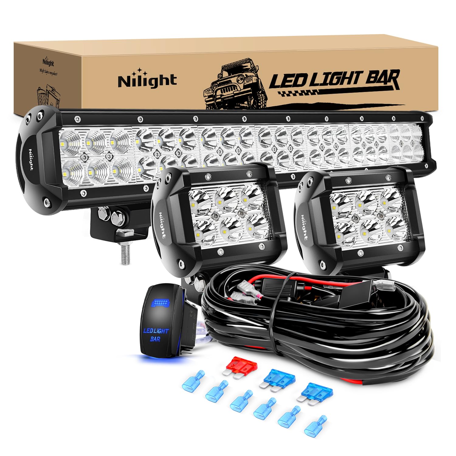 Nilight 20 Inch126W Led Light Bar Spot Flood Combo 2PCS 4 Inch 18W Led Pods Flood Boat Lights Driving Fog Lights Work Light for Trucks With 16AWG Off Road Wiring Harness- 3 Leads, 2 Years Warranty