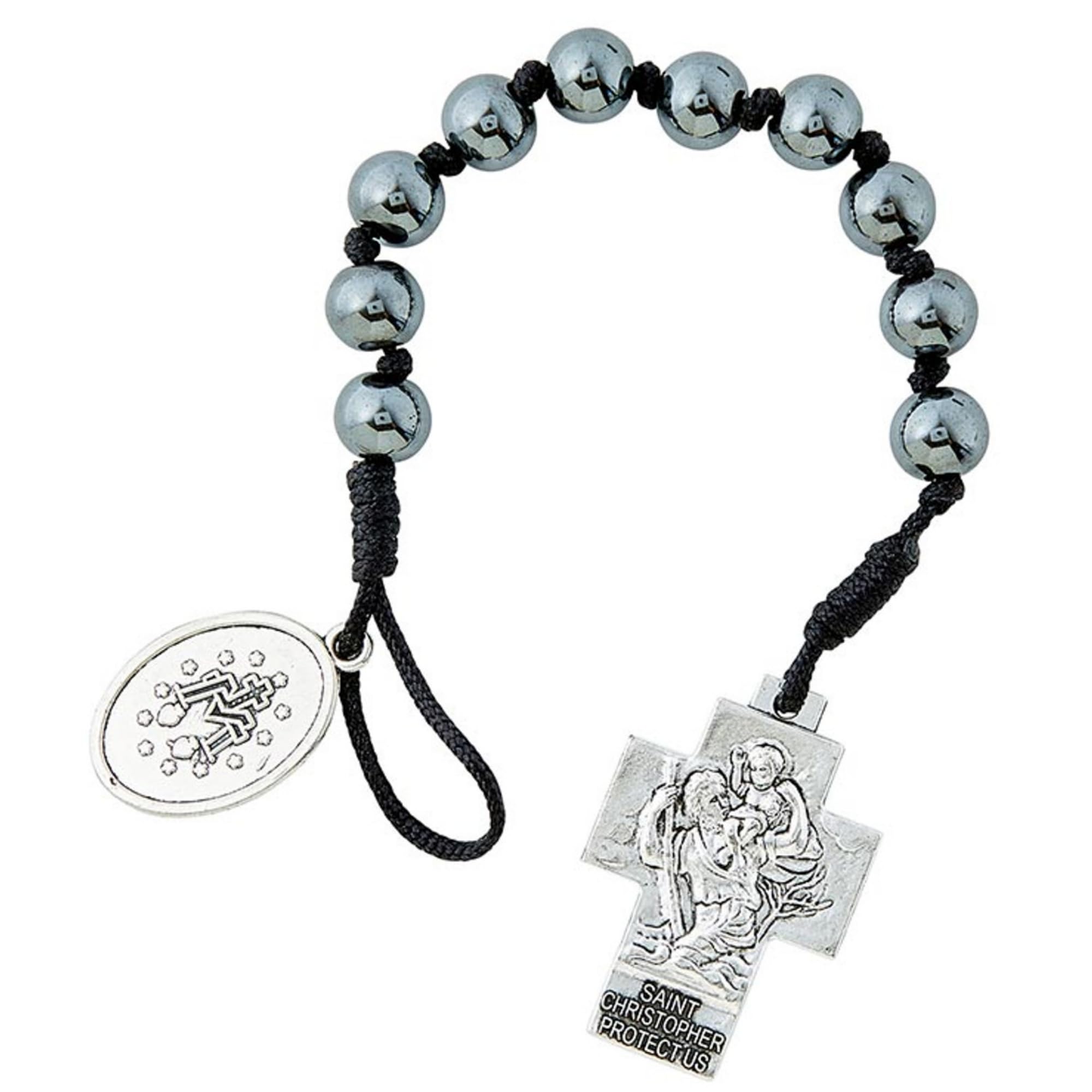 Trinity Church Supply Miraculous & St. Christopher Hematite Auto Rosary – Secure Cord, 8mm Beads, 8-1/2" Length