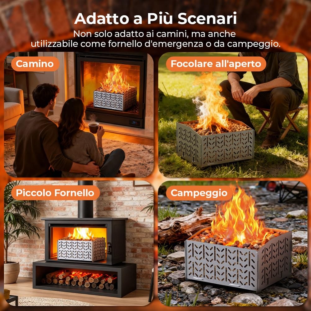 OUSFOT Cestino a pellet per caminetto in acciaio inox 430, contenitore a pellet, 30 x 25 x 17 cm, 2,8 kg, portatile, cestino granulare per intarsi, cestello per stufa a legna, camino aperto