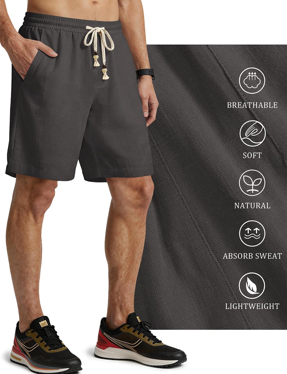 TARSE Men's Linen 2 in 1 Shorts Casual Summer Beach Vacation 5 Inch Inseam Drawstring with Pockets