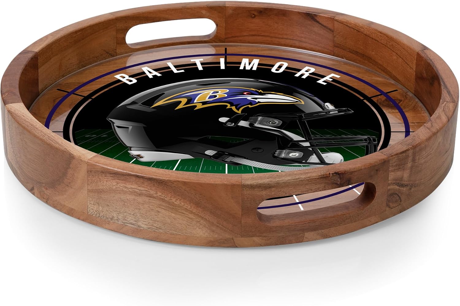 PICNIC TIME NFL Barista Serving Tray with Glass Insert, Round Acacia Wood Cheese Board, Serving Platter with Handles, (Acacia Wood)
