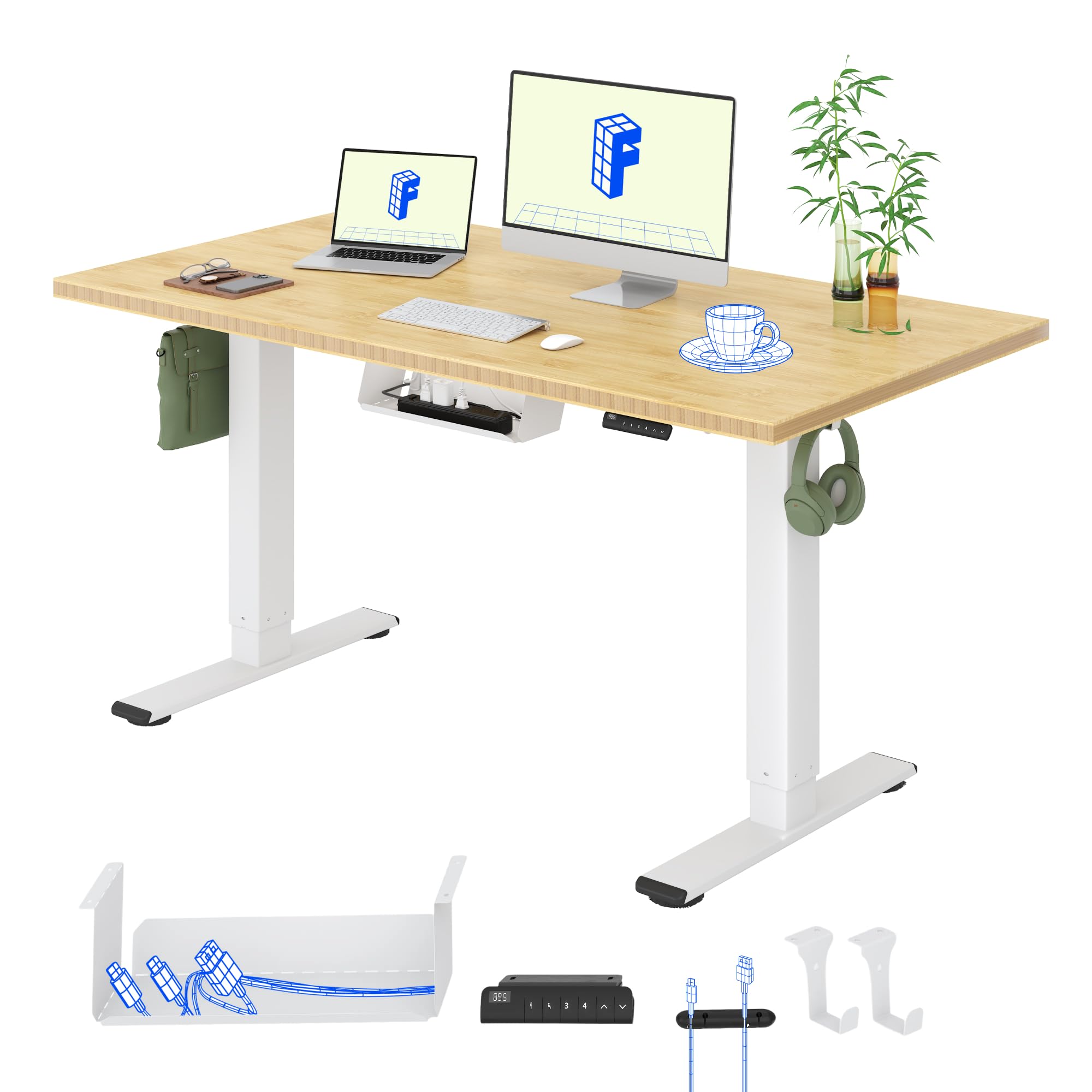 FLEXISPOT Höhenverstellbarer Schreibtisch mit 2 Motoren und einteiliger Tischplatte – Ergonomischer Bürotisch, 140 x 80 cm, Bambus-Tischplatte (19 mm), weißes Gestell