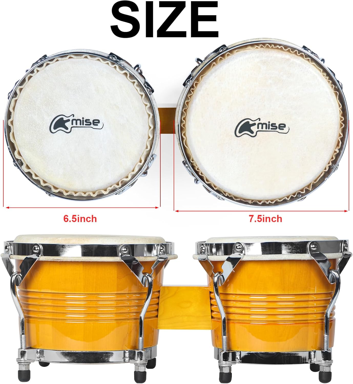 Bongo Drums 6.5” and 7.5”, Birch Percussion Instrument Bongos for Adults Beginners,Buffalo Hand Drum with Carry Bag and Tuning Wrench for Education and Practice.