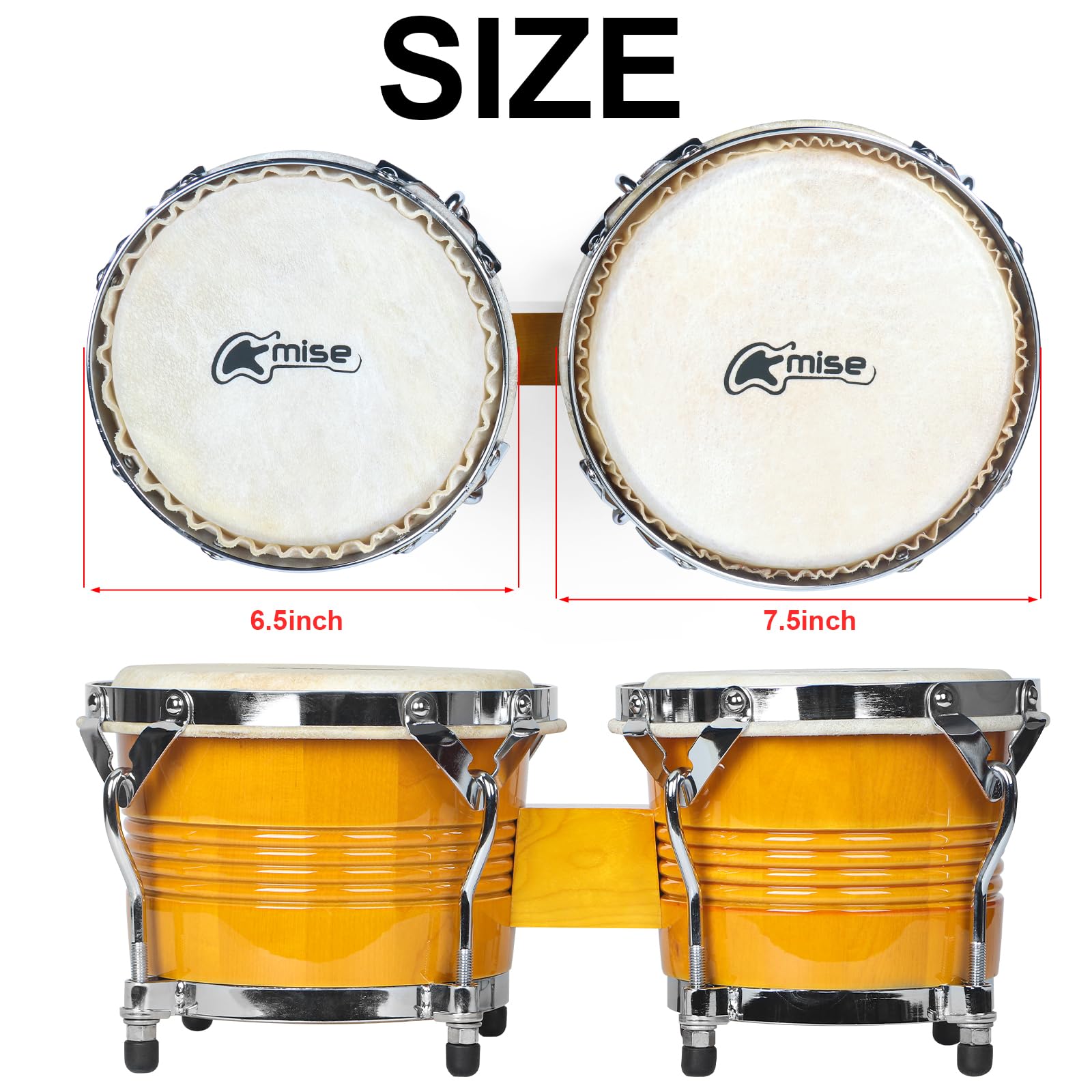 Bongo Drums 6.5” and 7.5” Wood Percussion Instrument yellow