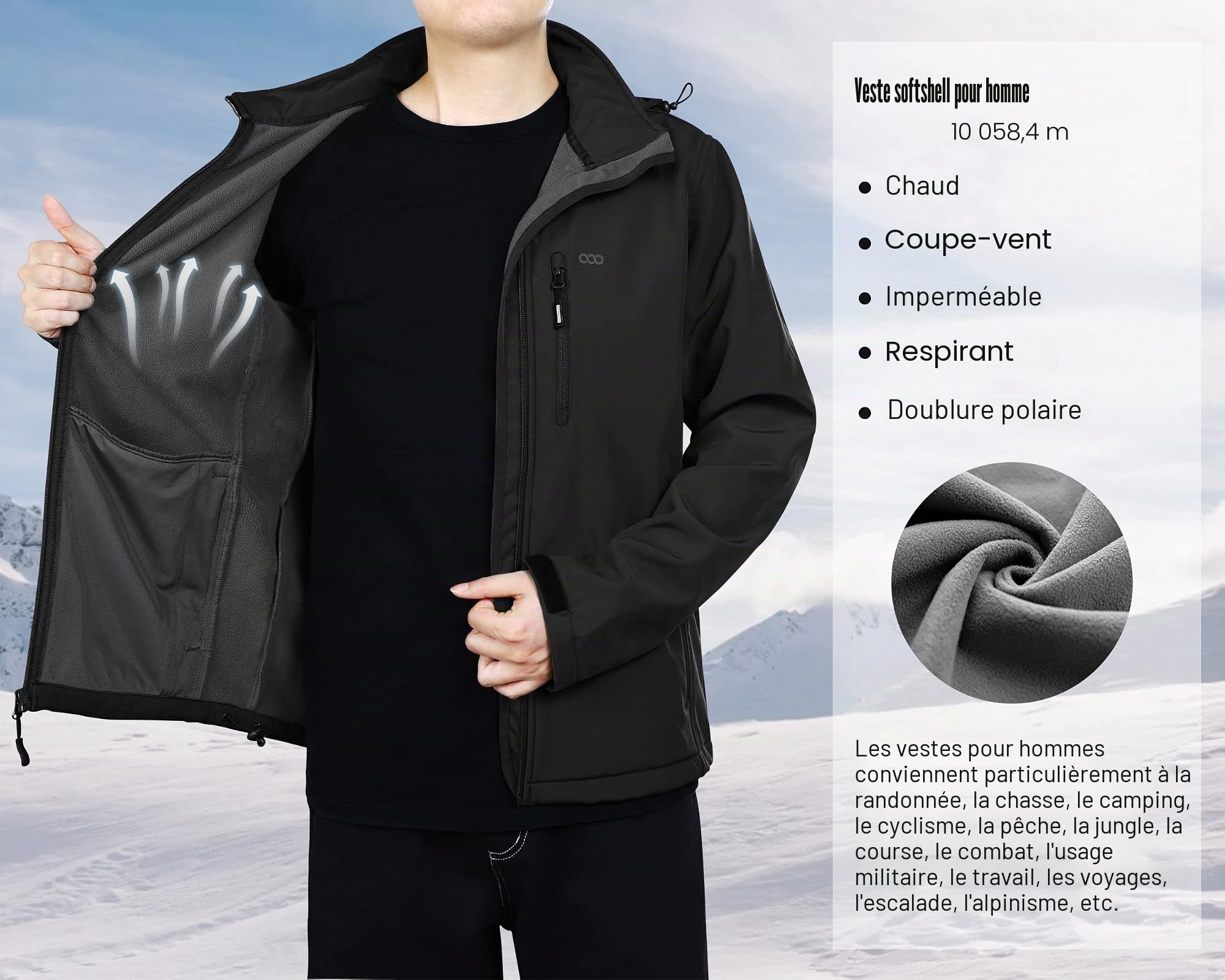 33,000ft Veste Softshell pour Hommes, D'hiver Manteau Chaude Coupe-vent Imperméable avec Chapeau Détachable pour la Randonnée, le Camping