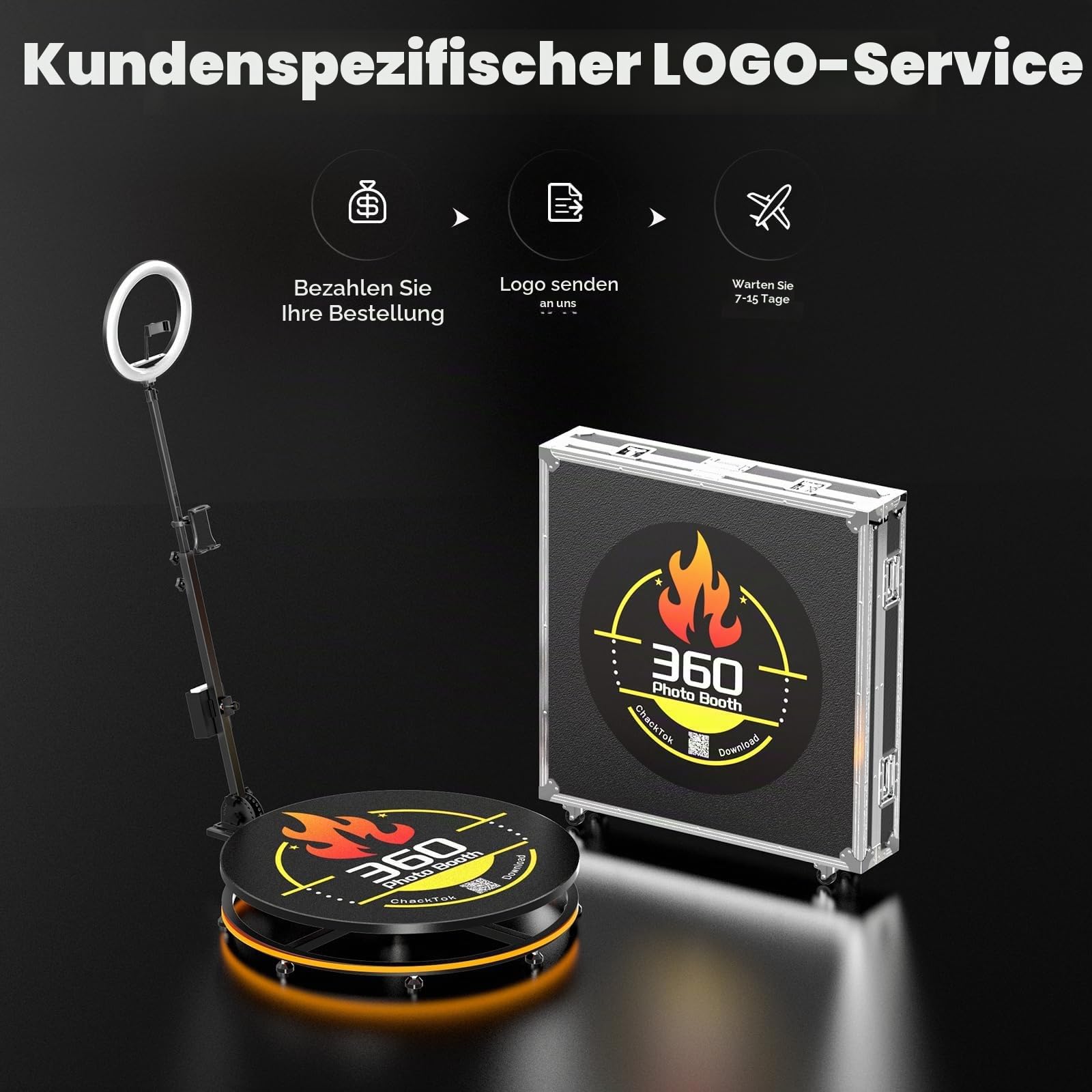 100CM Photo Booth 360 mit Flightcase Ringlicht, Kostenlose Logo-Anpassung&VIP-Software, Automatische 360 Fotobox Selfie Photo Booth mit RGB Streifenlicht für Party Hochzeit Rental 4-5 Personen
