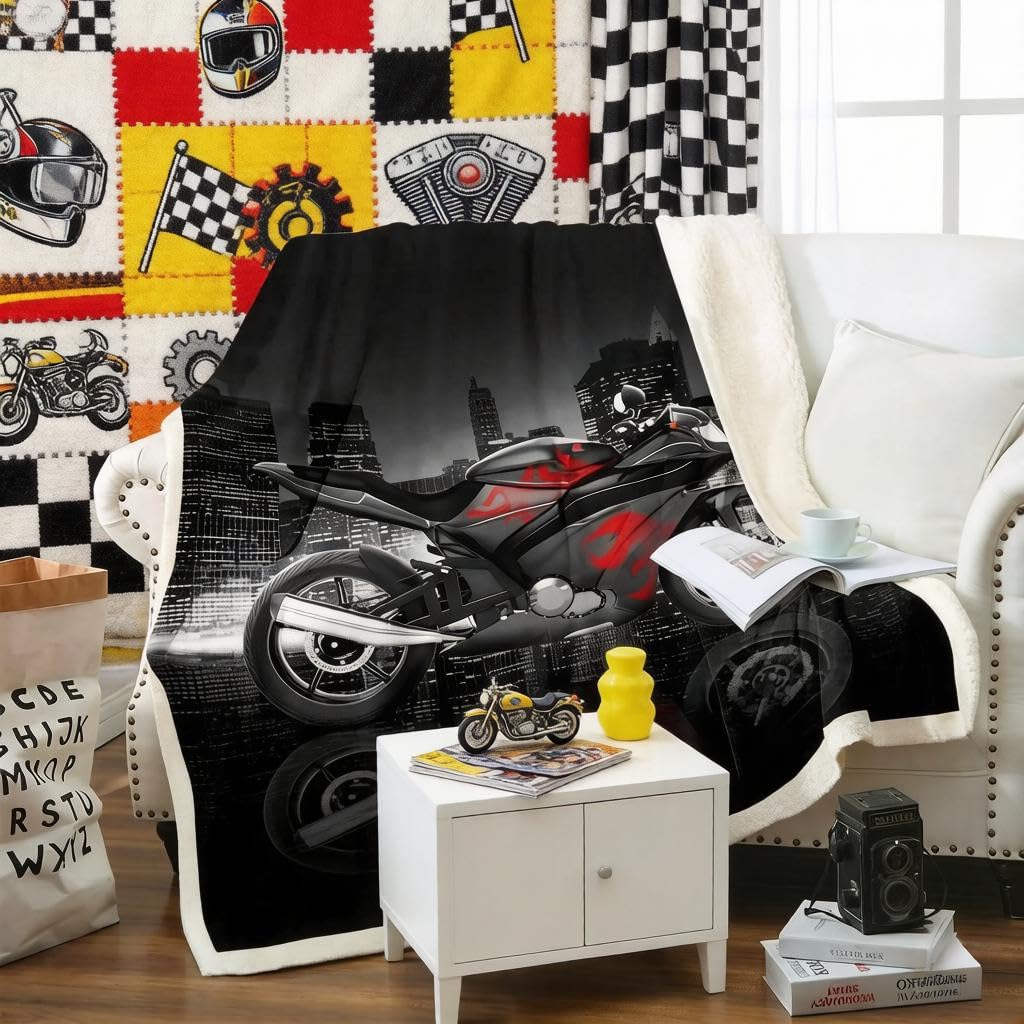 Loussiesd Men Motorcycle Pattern Fleece Blanket Cool Black Red Motorbike Sherpa for Sofa Couch Extreme Sports Theme Warm Modern City Building Decor King 87"*94" — image 1