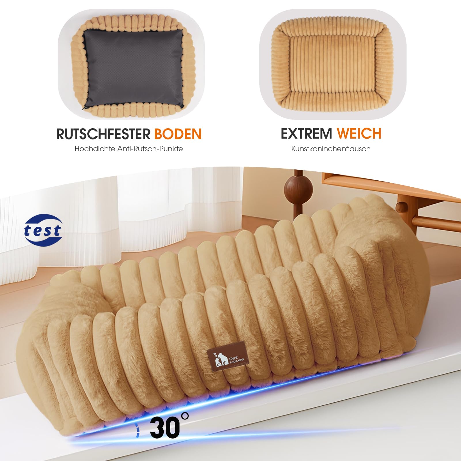 Upvilla Luxusweicher Hundekorb, Super Weiches hundebett Grosse Hunde, 4-seitiges Nackenkissen, Abnehmbare Waschbare Hundematte, Hundesofa mit Griffen, Haustierbett (Warmsand, 109 * 76 * 20cm)
