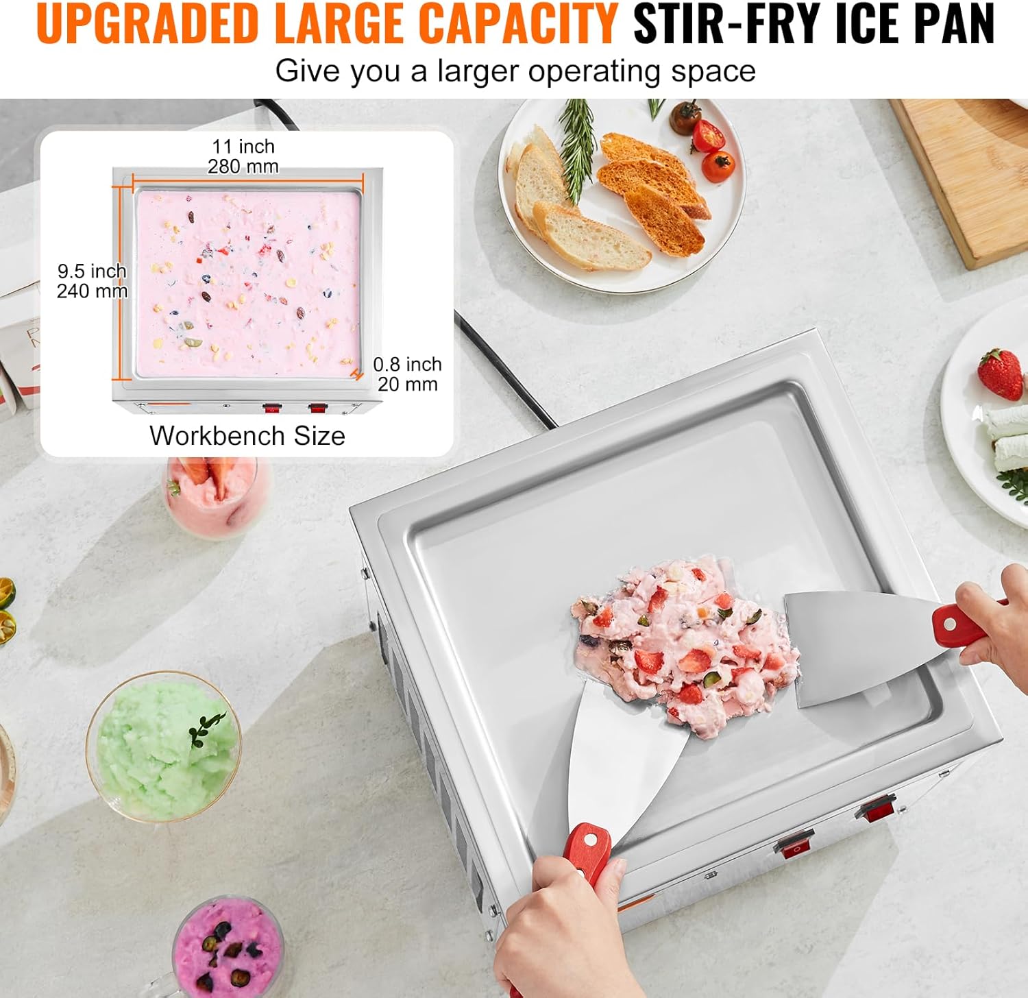 VEVOR Commercial Ice Roll Maker,Stir-Fried Yogurt Cream Machine 220W, Ice Cream Roll Machine with 9.4" x 11" Square Pan, Button Defrost Method with Food Shovels Perfect for Bars,Cafes Dessert Shops
