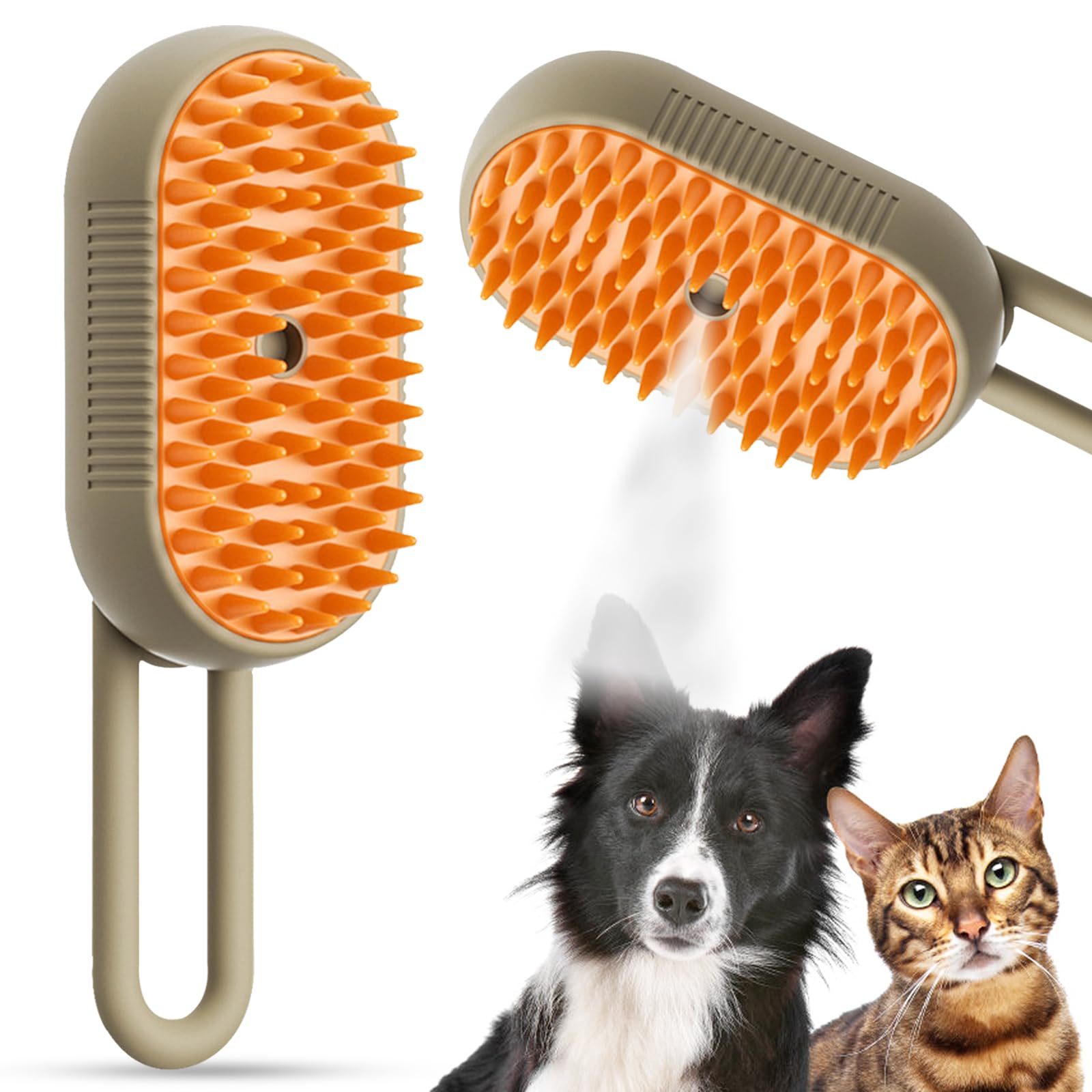 Atuoxing Cepillo de Vapor Para Gatos, Cepillo Vapor para Perro 3 en 1, Cepillo de Vapor Multifuncional para Gatos de Pelo Largo o Corto para Perros (Caqui)