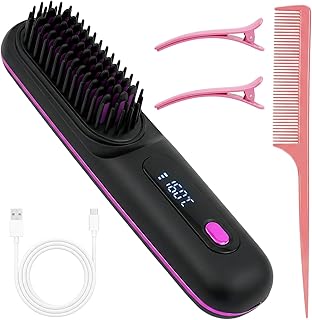 Cepillo Alisador de Pelo Inalámbrico, Plancha de Pelo Portátil, Peine Alisador de Cabello, 3 Ajustes de Temperatura con Pantalla LED, Ideal para Viajar y Uso Diario
