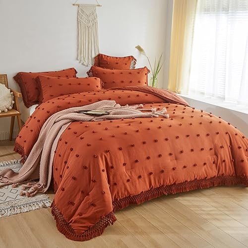 OARAGE Juego de edredón bohemio tamaño individual de 2 piezas, color naranja quemado, edredón copetudo con pompones con borla, juego de ropa de cama