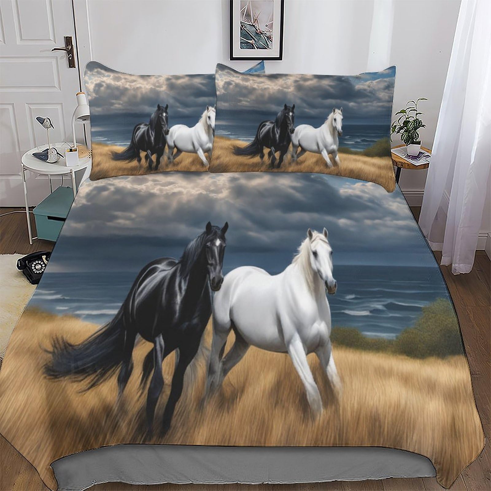 Linge de lit cheval avec housse de couette 3D et taies d'oreiller microfibre