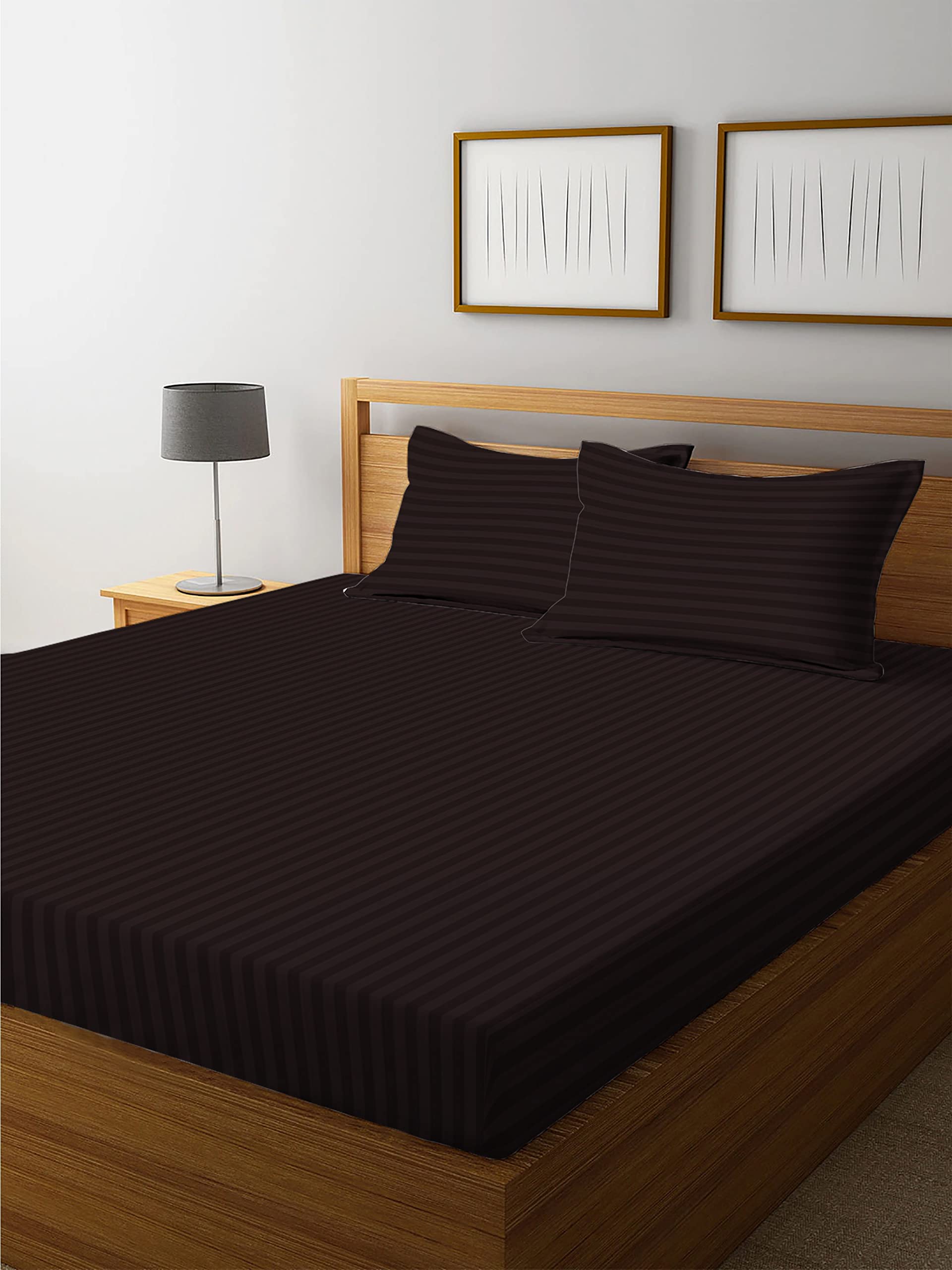 140TC Stripe Plain (Fitted) bedsheet Double Bed || Microfiber || King Size || 2 Pillow Covers || 72 X 78 + 8 inch Drop || Coffee Color-image-42