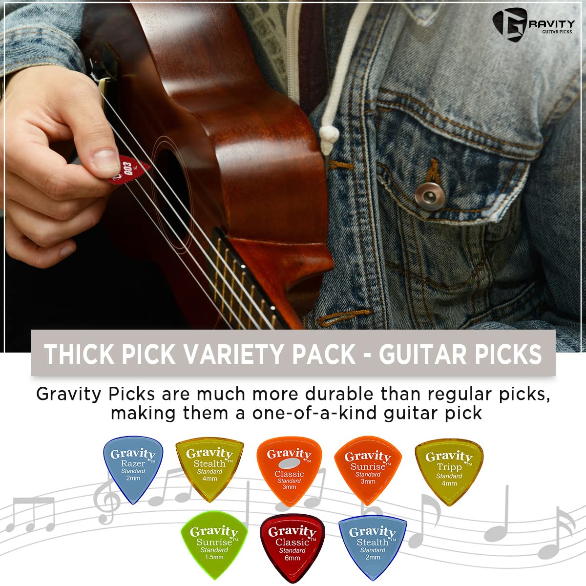 Gravity Plettri per chitarra in acrilico, smussi lucidati, suono più luminoso e più forte e presa più stretta, disponibili in diverse confezioni, prodotti negli Stati Uniti