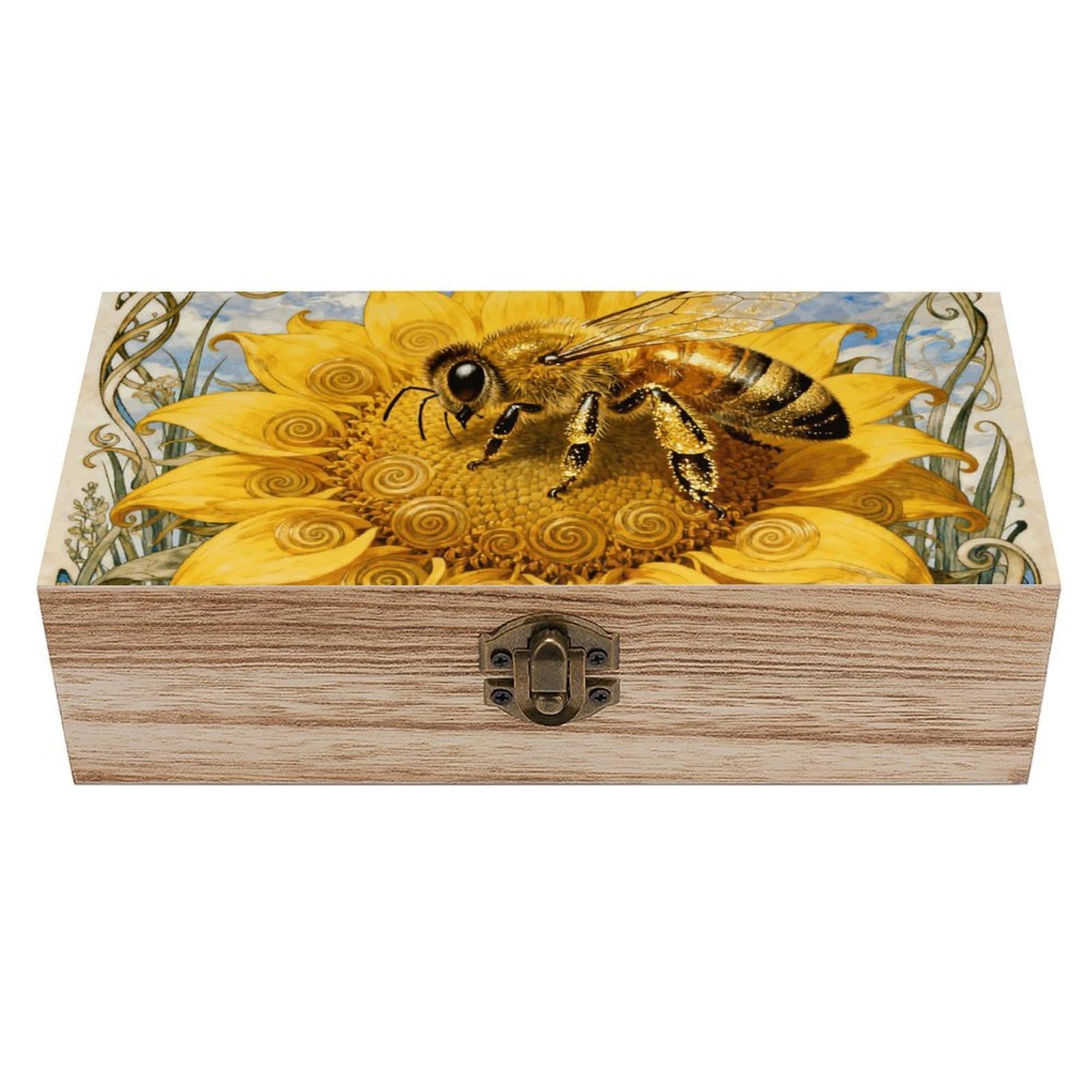 Oudrspo Bee Sunflower Disc Wooden Keepsake Box Decorative Memory Storage Box with Hinged Lid Small Jewelry Keepsake Boxes for Storing Gift Pictures Letters Time Capsule