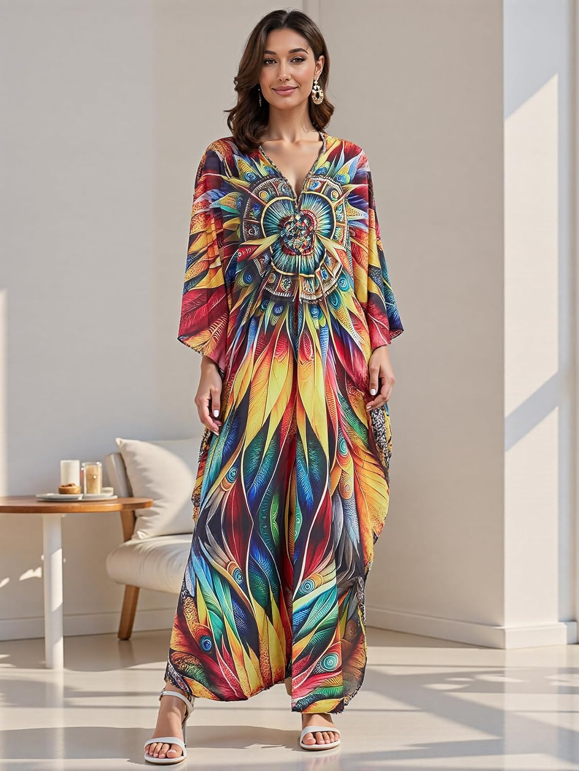 Women's Caftan Dresses Plus Size Floral Print Beach Swimsuit Cover Up Lightweight Moo Moo Loungewear - Image 3