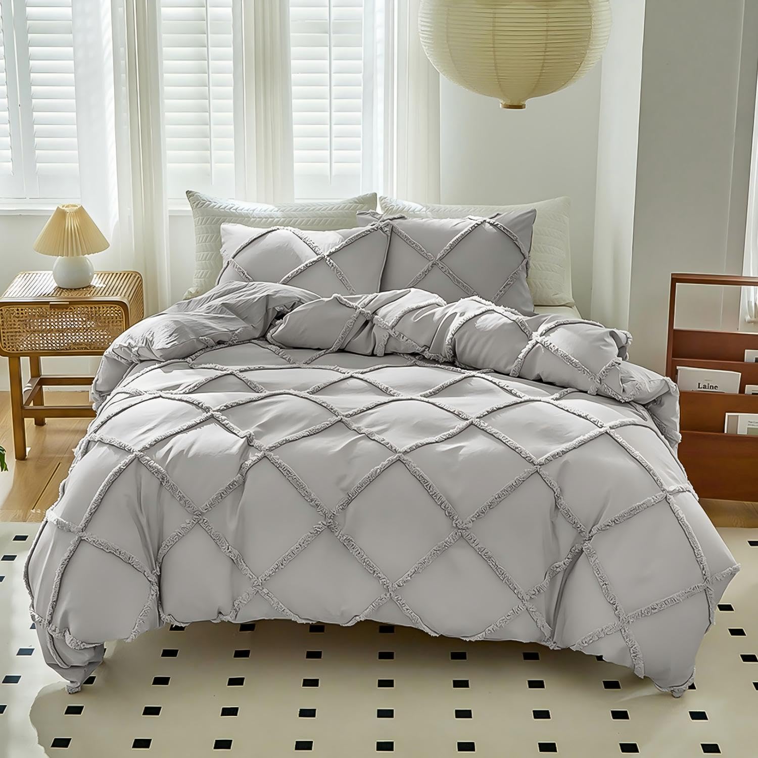Parure de lit bohème en microfibre grise 228x228 avec housse de couette texturée et taies d'oreiller