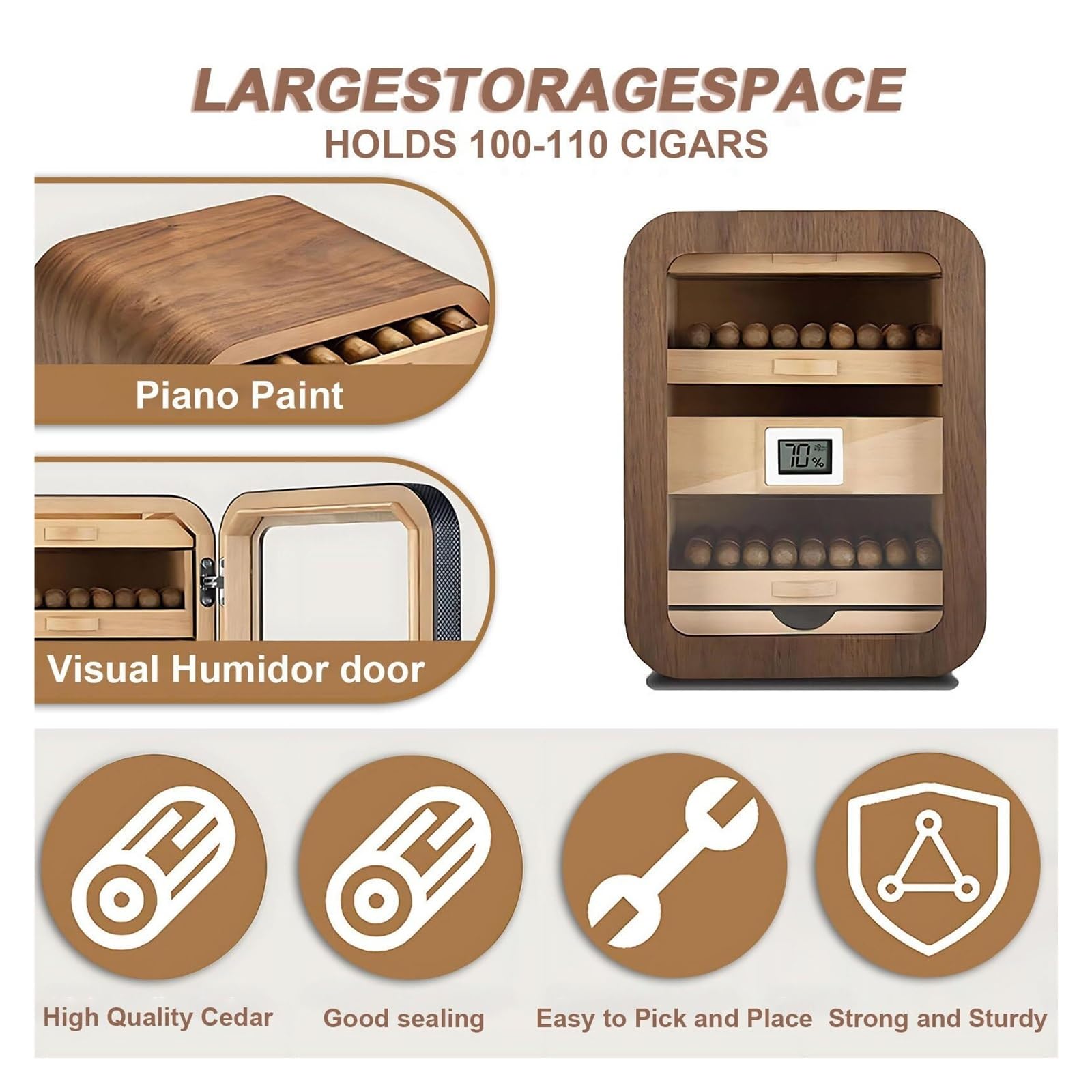 Humidor for sigari - 110 sigari, umidificatore e igrometro, Desktop(B,Withoutskylight)