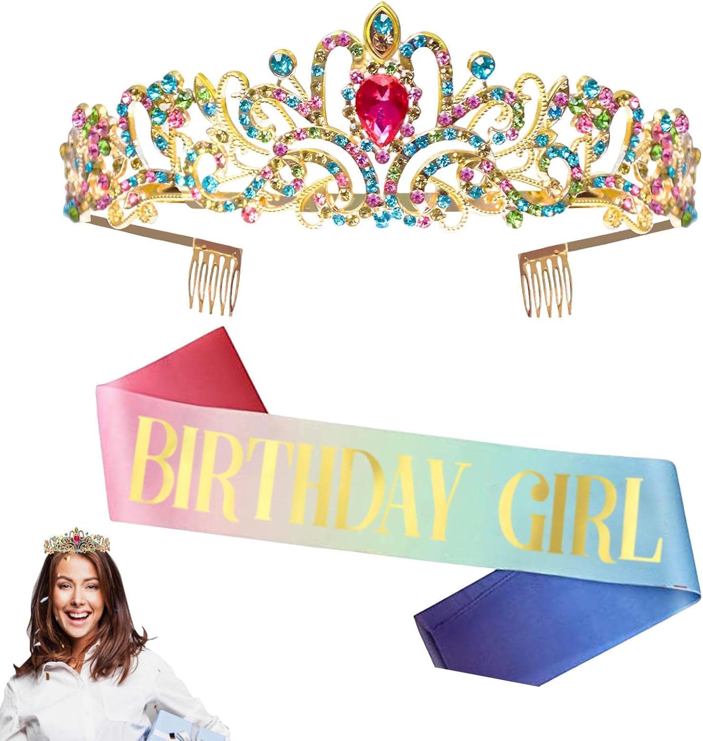 Fulenyi Birthday Sash for Women, Rainbow Colour Gradient Birthday Queen