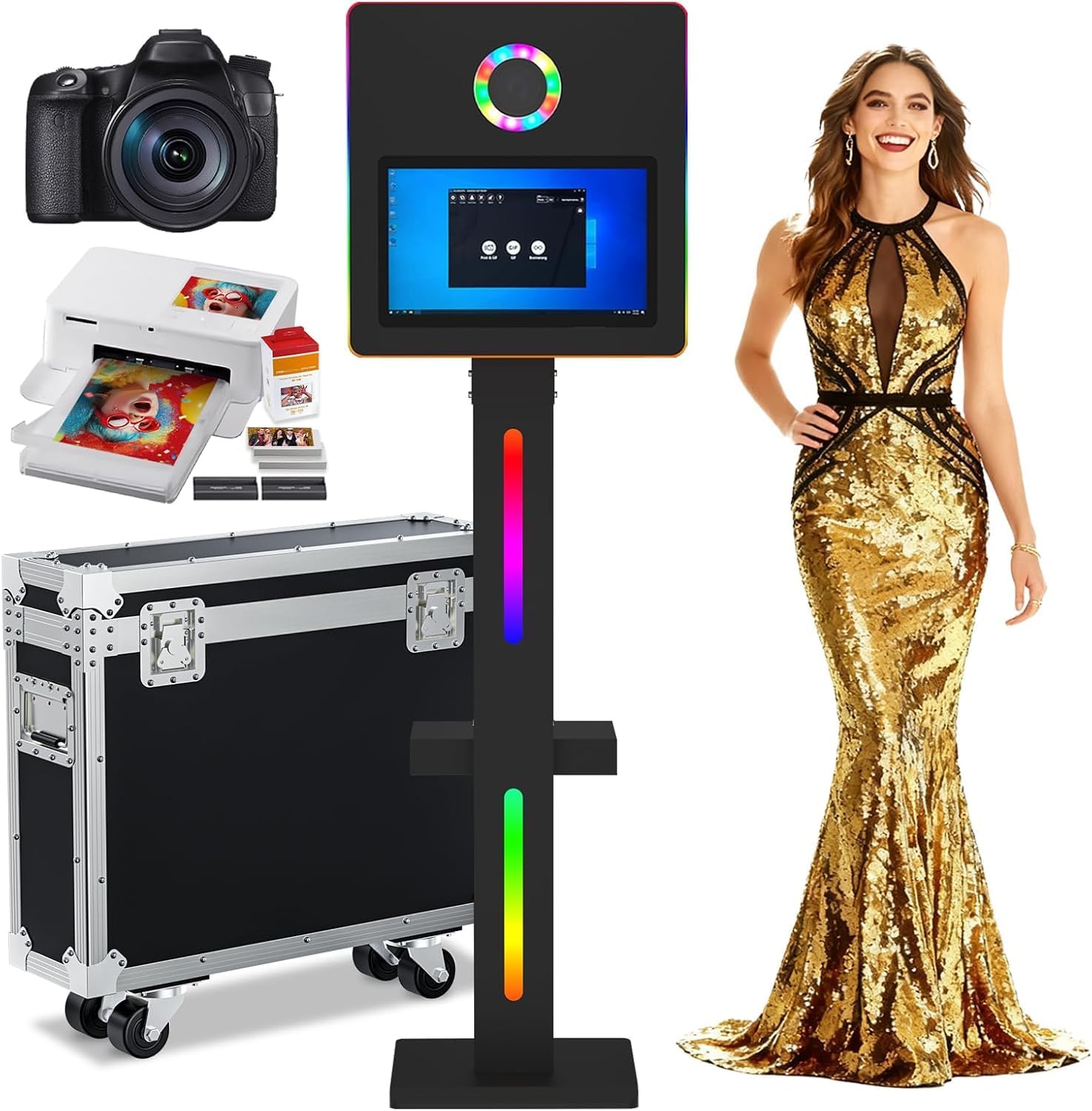 Mirror Photo Booth with Camera and Printer, DSLR Photo Booth with 15.6" Touch Screen,Flight Case,Remote Control RGB Light,Professional Photography for Parties and Christmas (Black,V2)