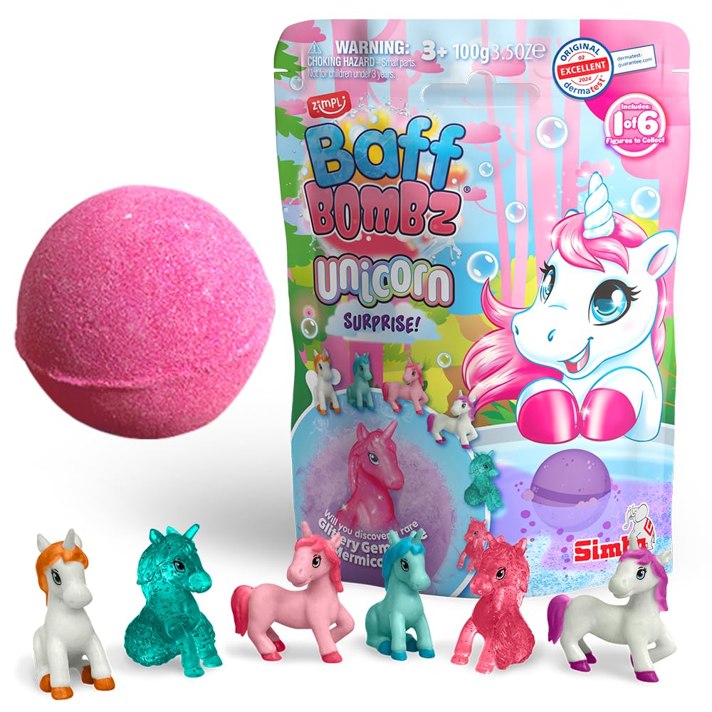 ZIMPLI - Grande Bomba da Bagno Unicorno a Sorpresa, 1 di 6 Giocattoli Unicorno da Collezionare, Uno per Baff Bomb, Giocattolo da Bagno Collezionabile per Bambini