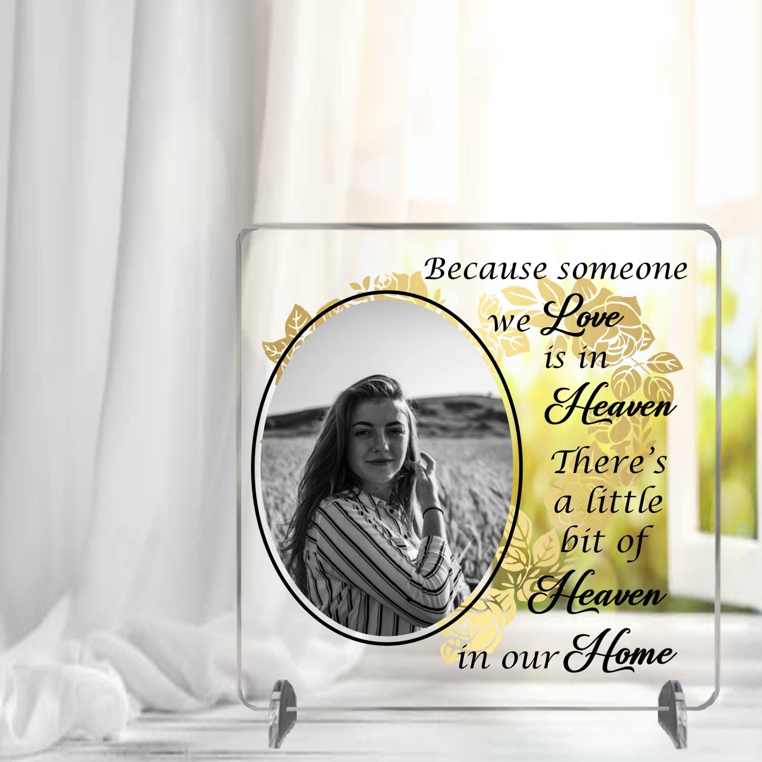Personalised 'Because Someone We Love Is In Heaven' Freestanding Acrylic or MDF Photo Plaque - Handcrafted Memorial Gift with Custom Picture Bereavement Gift Plaque (SQUARE 9.5CM X 9.5CM, Mdf Wood)