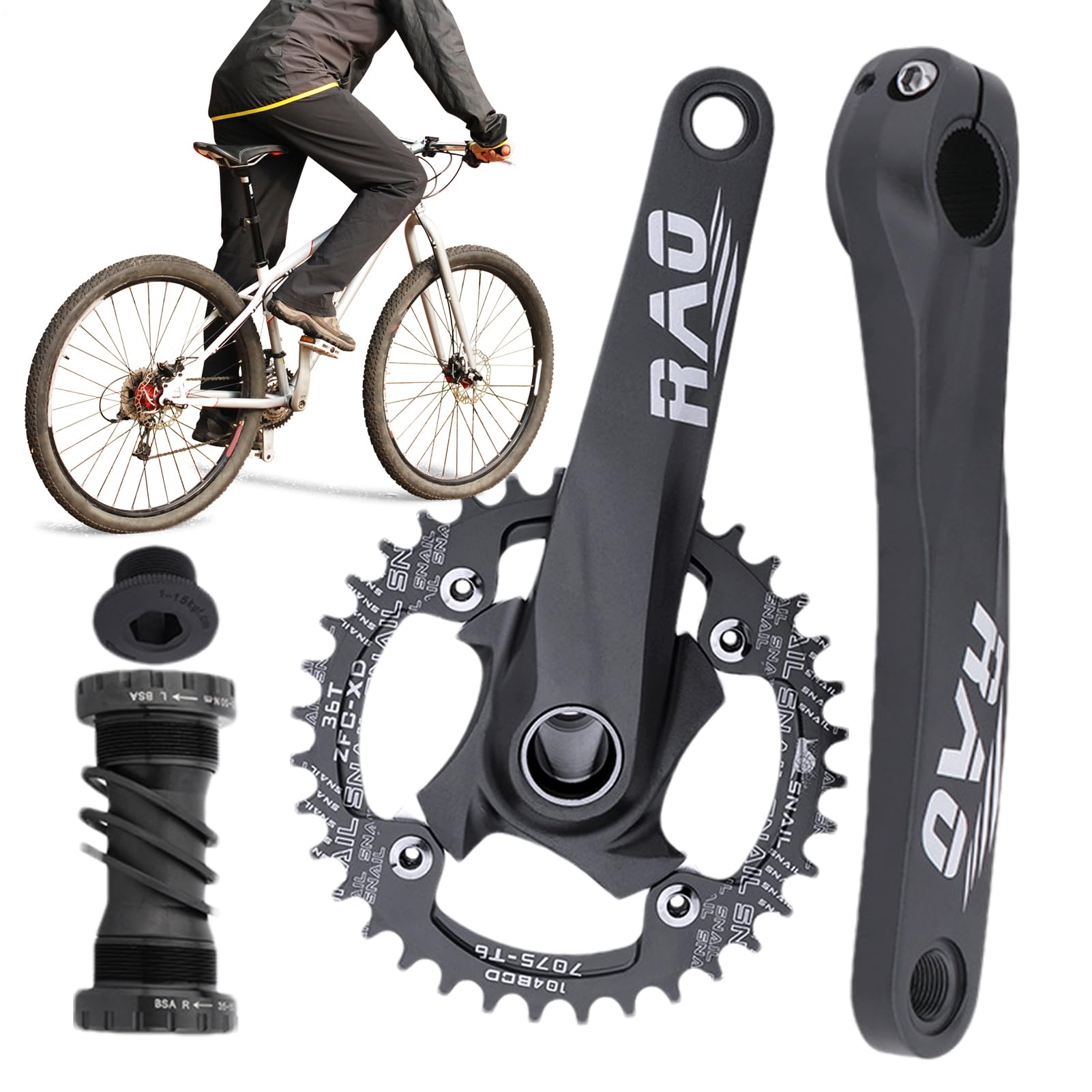 Mountainbike Kurbelsatz | 170mm Hohl integrierte für Einfachgang Fahrräder - einer Anti-Kettenfall-Lösung und Kompatibilität einem abwechselnden Zahnmuster Tretlagerzahnkranz für Radfahrer