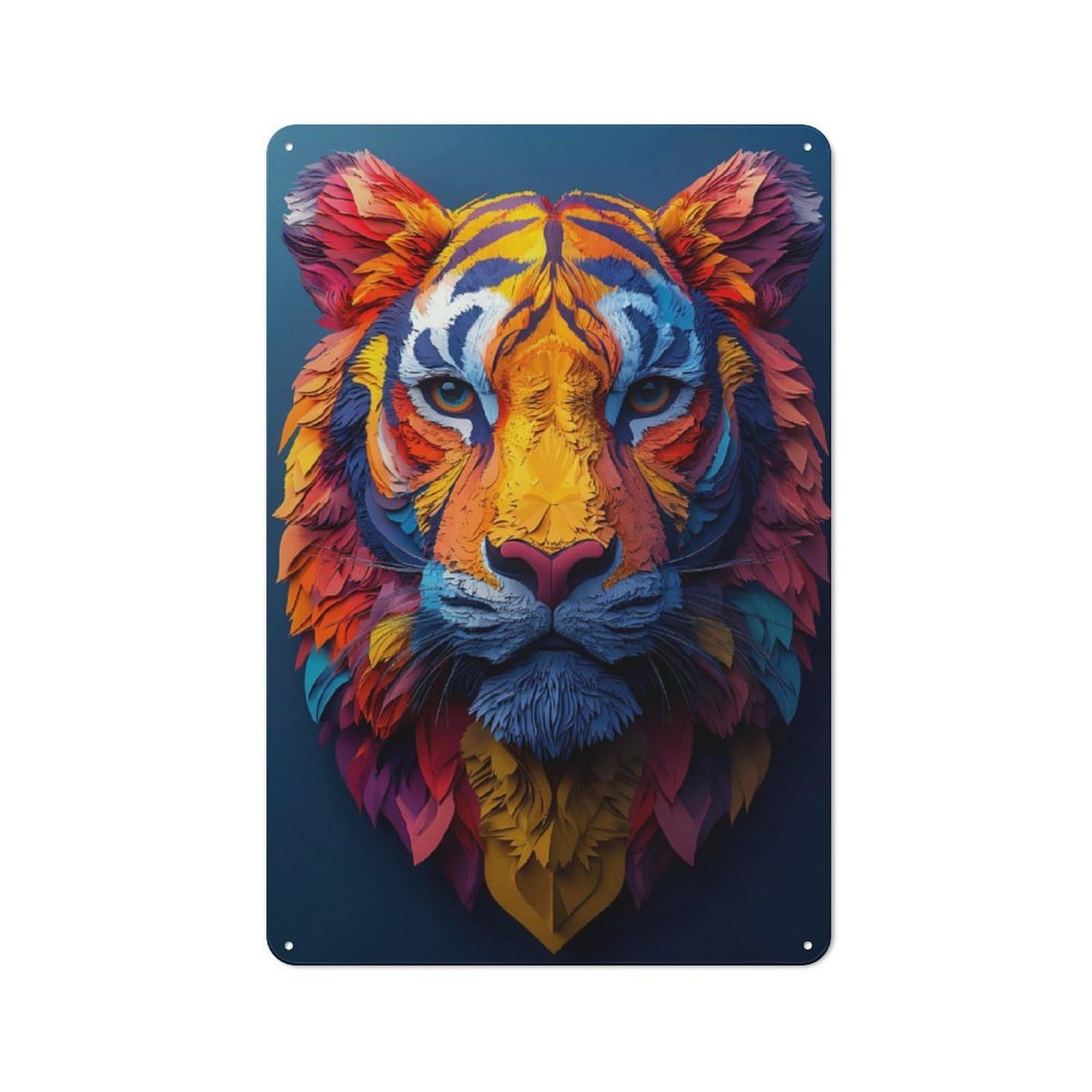 Metal Wall Plaque with Colorful Tiger Portrait on Dark Background Design 30x20cm, Simple Retro Creative Space Decor for Office, Study, Studio Or Hallway