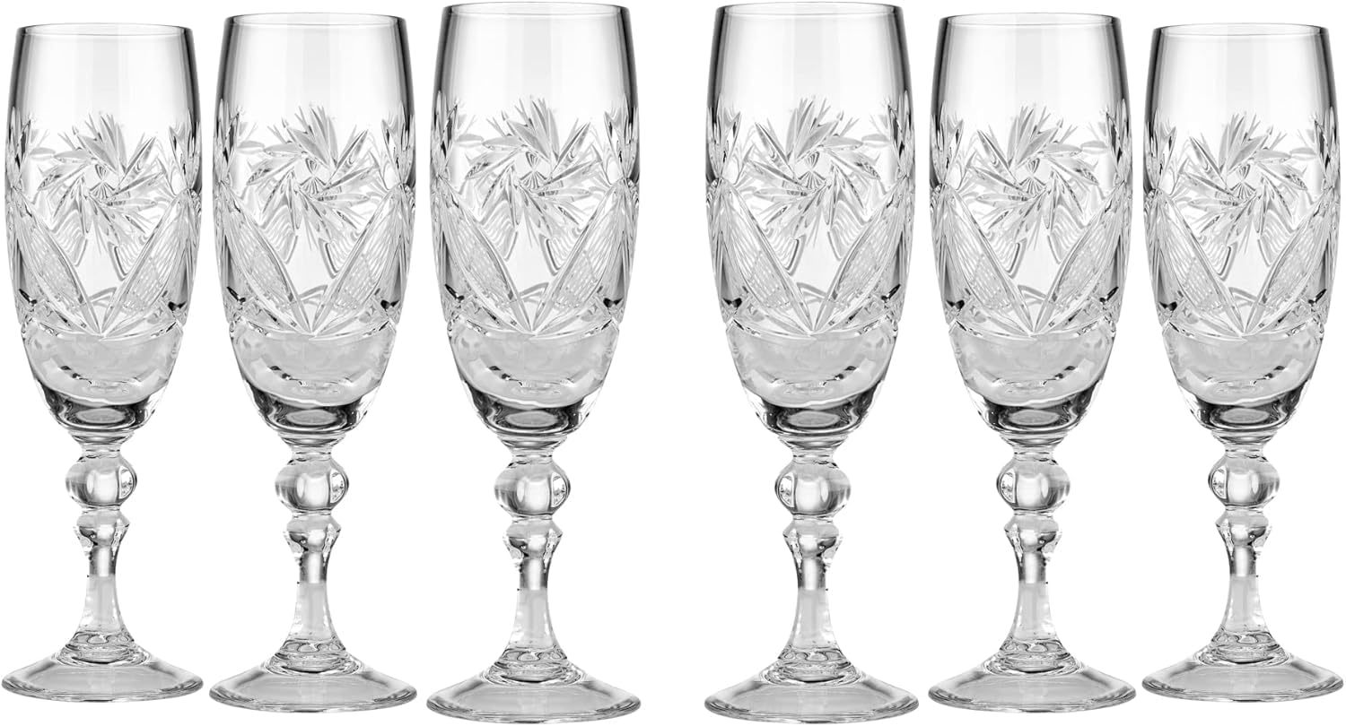 Neman Set of 6 Crystal Champagne Flutes - 6.8 oz Handmade Stemware - Vintage European Cut Design for Sparkling Wine, Prosecco & Mimosa (GB6701/200)