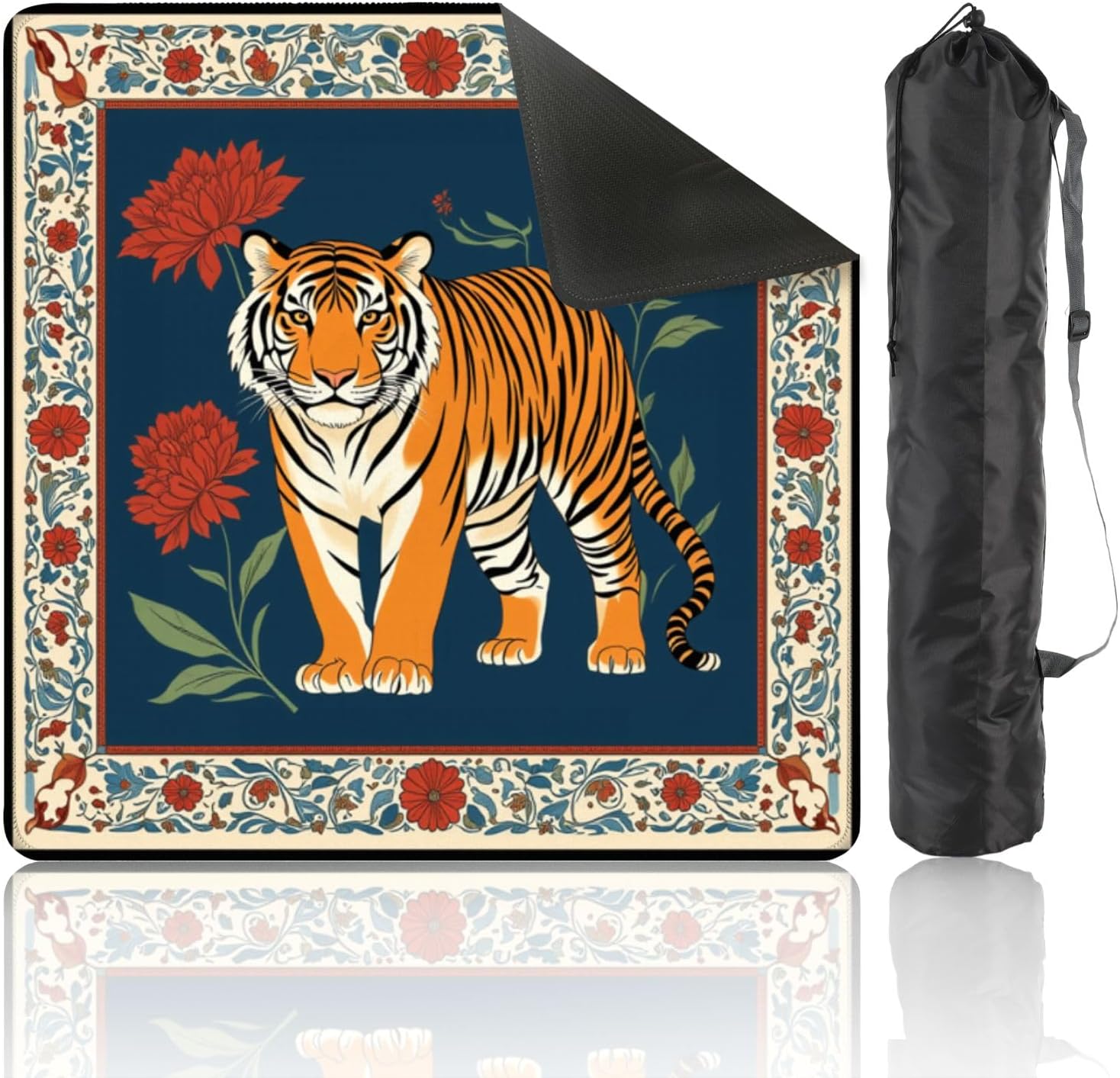 Mahjong Mat with Carrying Bag 31.5" x 31.5" Non-Slip Noise Reduction Majestic Tiger Red Flowers Ornate Border Deep Blue Table Mat for Mahjong Poker Dominoes Card Board Tile Games