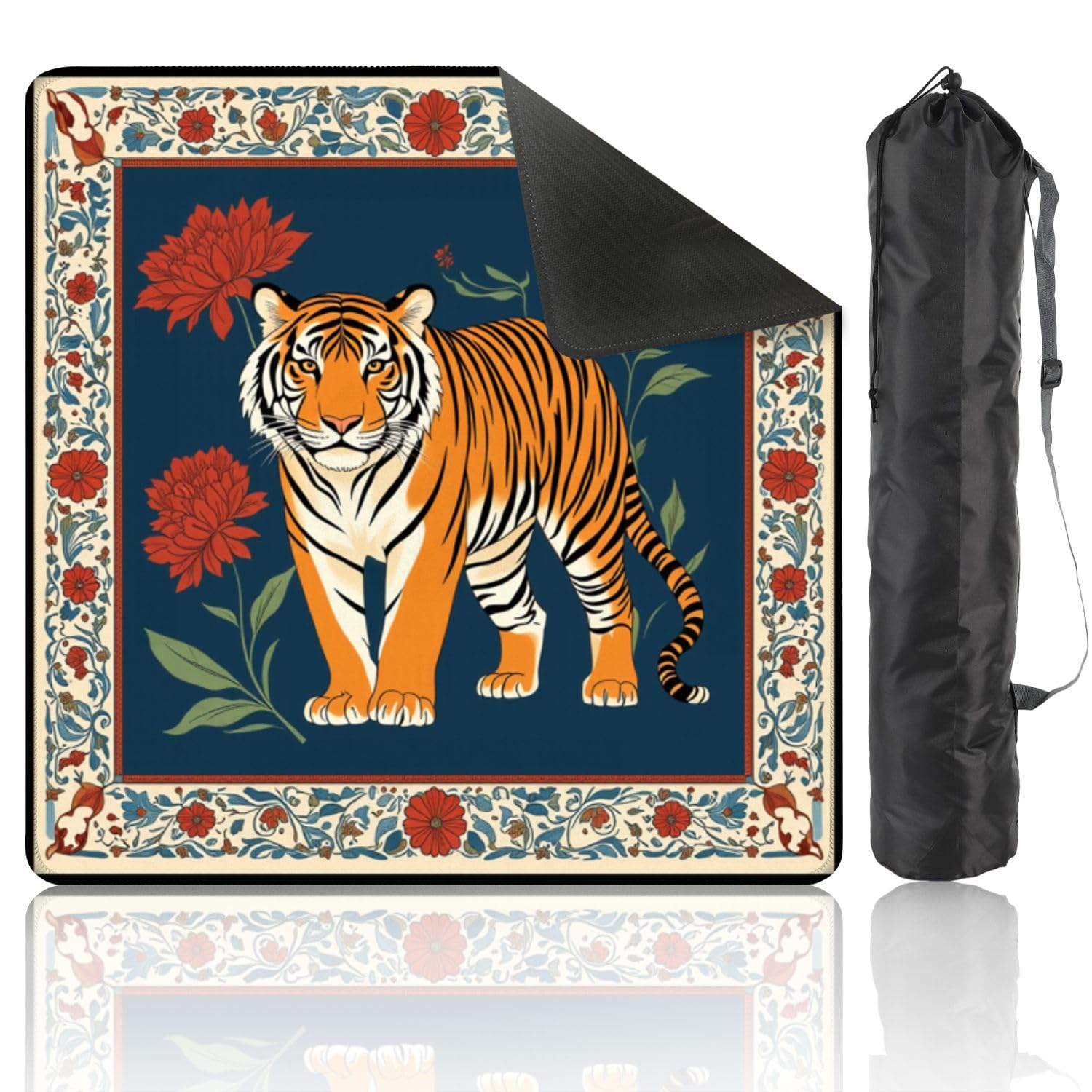 Mahjong Mat with Carrying Bag 31.5" x 31.5" Non-Slip Noise Reduction Majestic Tiger Red Flowers Ornate Border Deep Blue Table Mat for Mahjong Poker Dominoes Card Board Tile Games