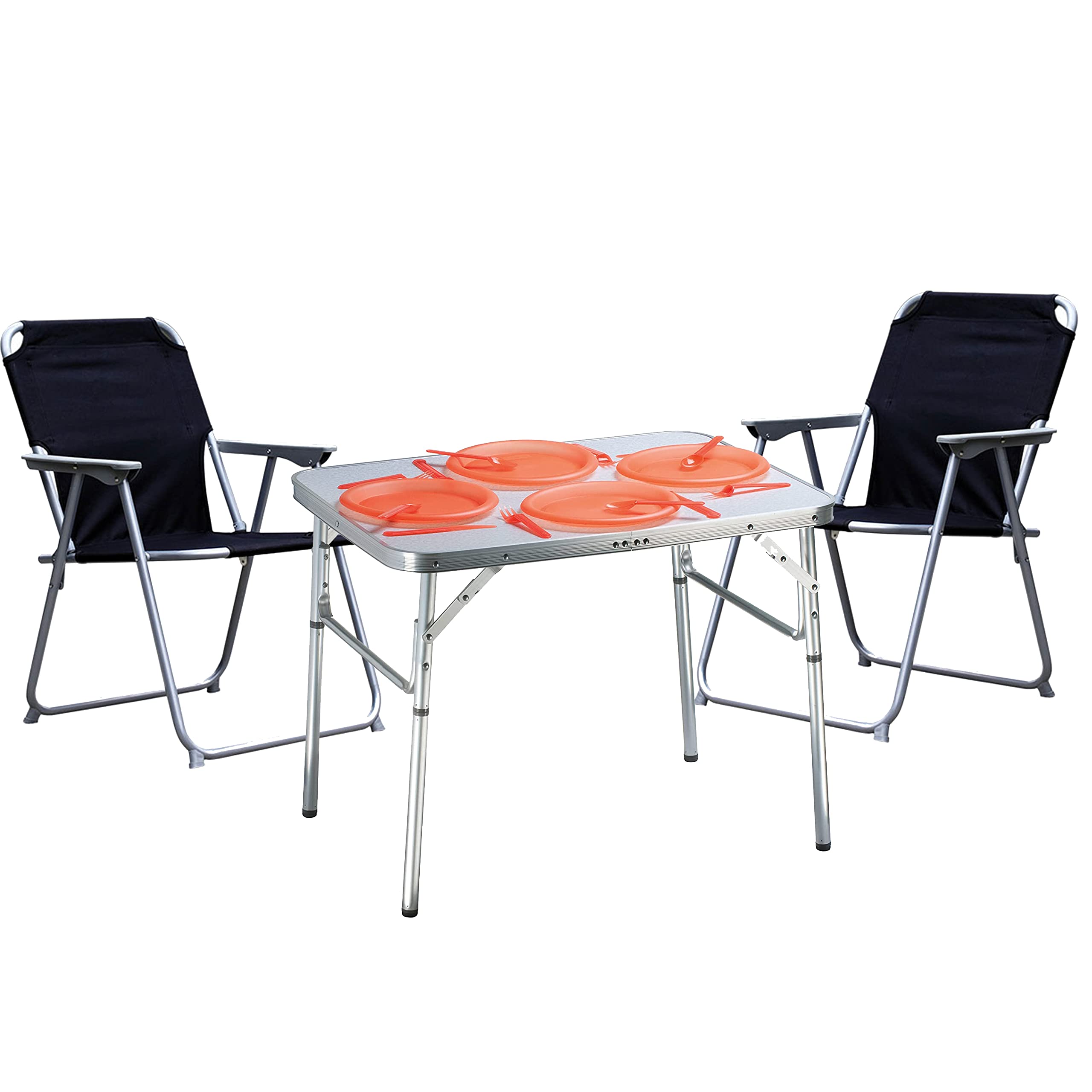 Mojawo Set di 3 mobili da campeggio in alluminio, lunghezza 75 x 55 x 60 cm, 1 tavolo da campeggio con maniglia e 2 sedie da campeggio in tessuto Oxford, colori: nero
