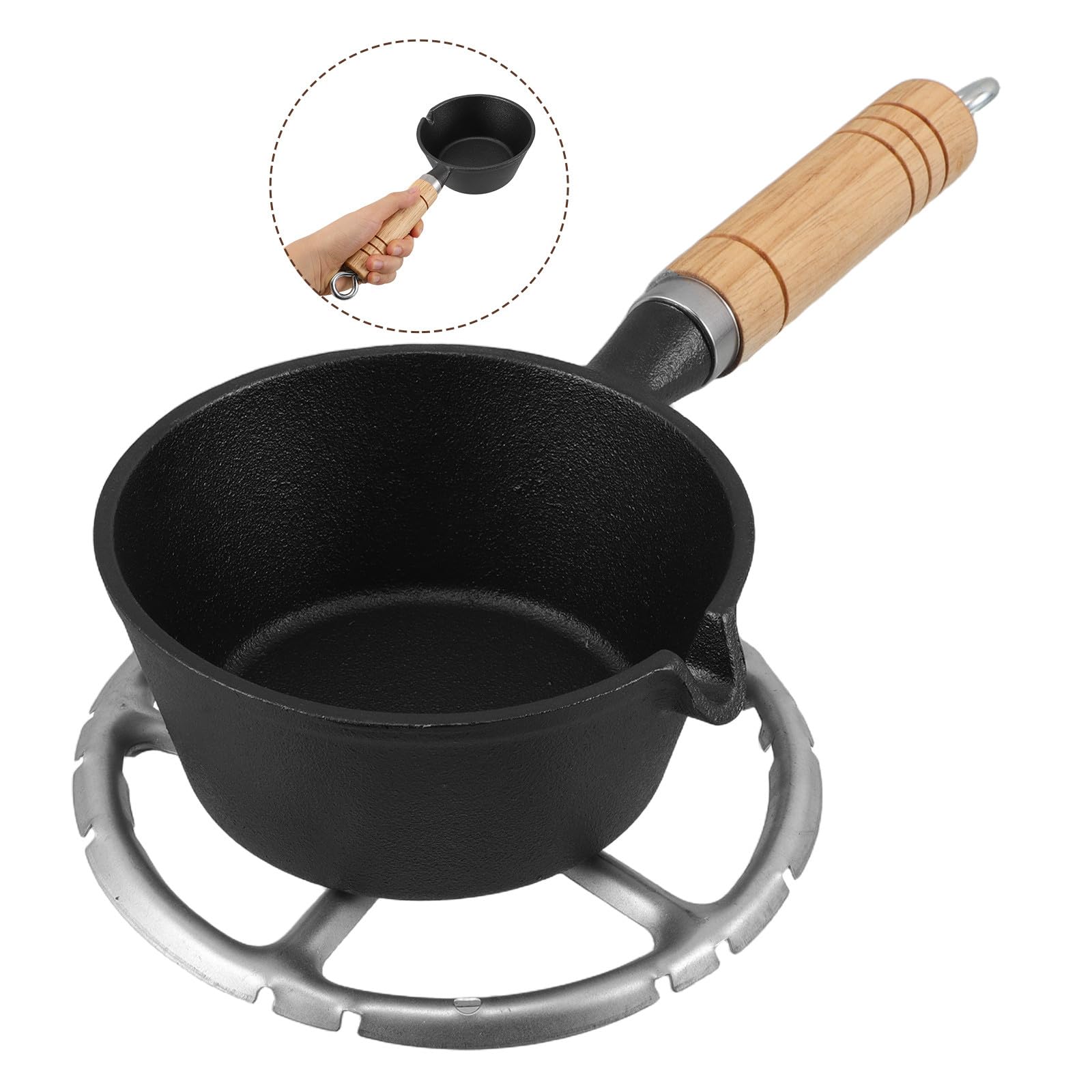 Kleiner Gusseisen Topf 13cm mit Holzgriff für Herd und Induktion Multifunktionale Butterpfanne und Bratpfanne für Frühstück und Tägliche Nutzung
