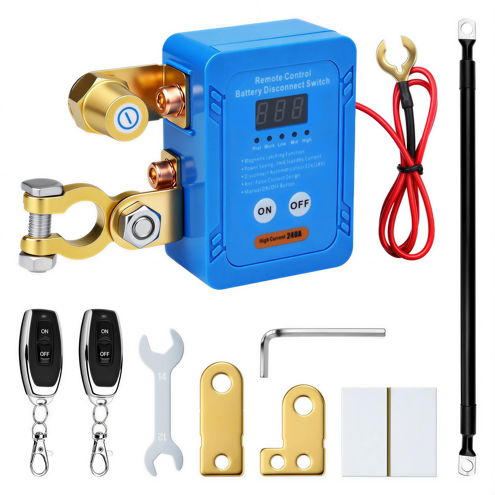 ‌Fernbedienbarer Batterietrennschalter mit Spannungsanzeige – inkl. Kabel, Werkzeug und Zubehör – schützt Batterieelektronik per Schlüsselfernbedienung – für Autos/Fahrzeuge 12V/24V 240A