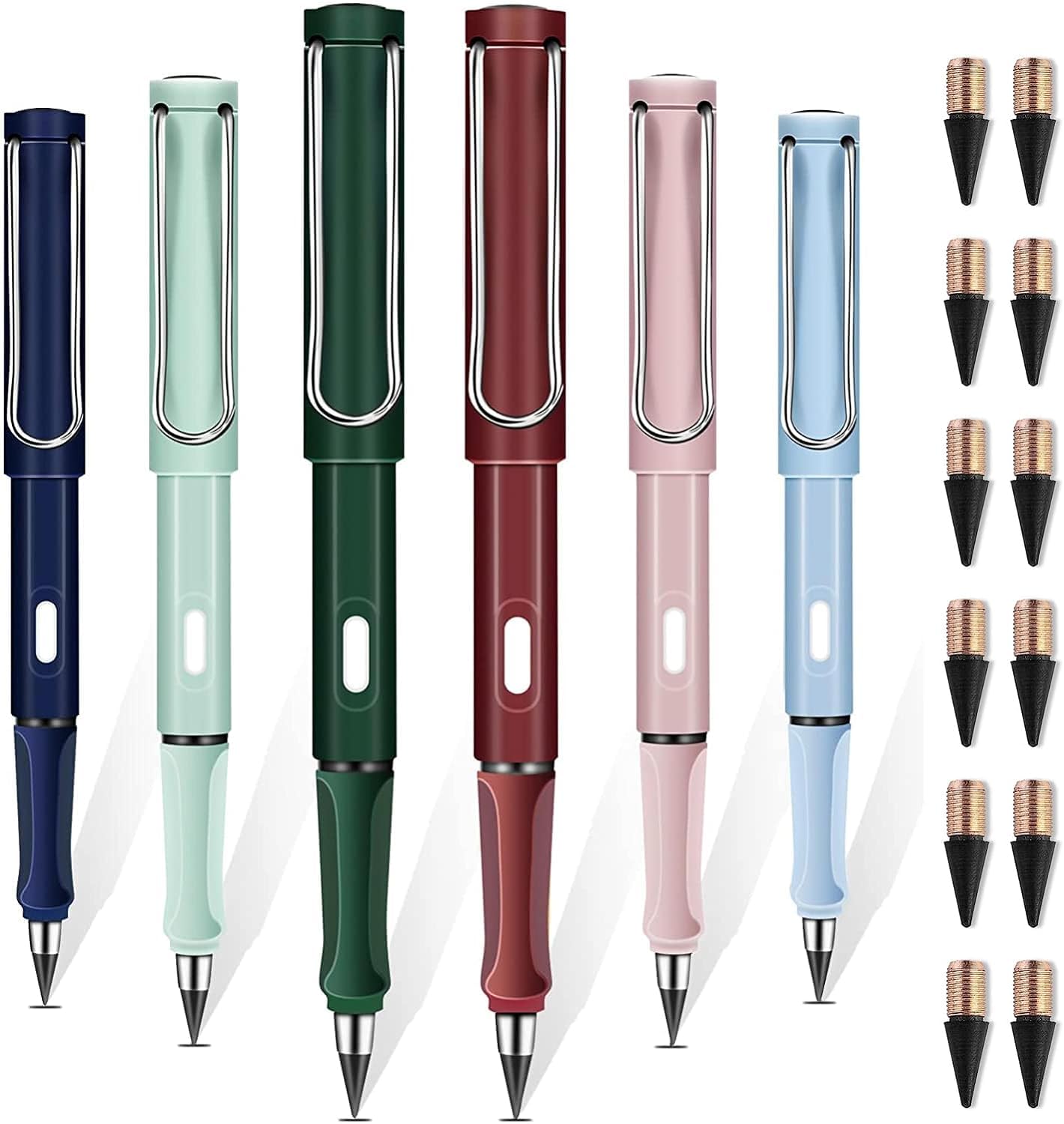 WEZCHUGHAOL 6 Pcs Everlasting Pencil, Inkless Pencils Eternal with 12 Pcs Replacement Nibs, Infinity Pencil with Eraser, Portable Reusable Erasable Writing Pencil for Home, Office, School (C)