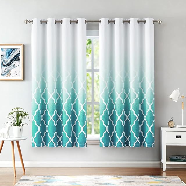 Beauoop Teal White Full Blackout Curtains 72 Inch Length 2 Panels, Ombre Moroccan Patterned Drapes for Living Room Bedroom, Grommet Top Thermal Insulated Window Treatments, 50" x 72"