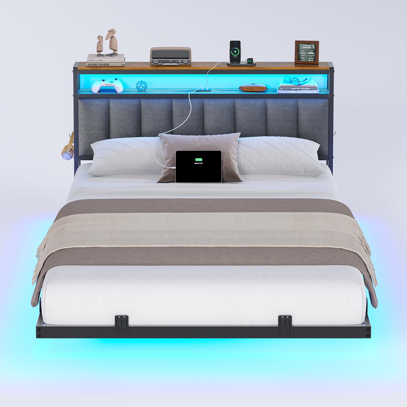 AOGLLATI Cadre de Lit 140x190 avec Multiprise et Éclairage LED, Lit 2 Personnes Flottant avec Tête de Lit Rangement, Sommier en Métal, Structure Stable, Lin Gris Foncé(sans Matelas)