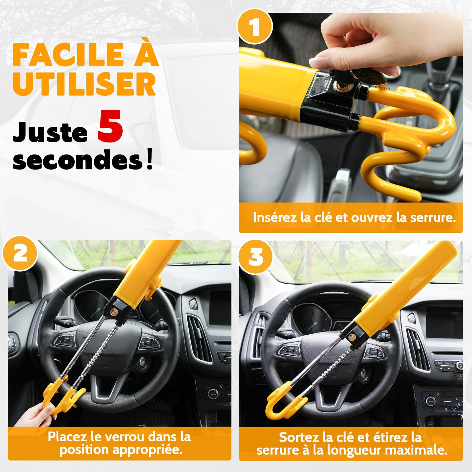 Tevlaphee Antivol Voiture, Canne Antivol Voiture, Antivol Volant Voiture, Barre Sécurité Véhicule, Haute Visibilité, Robuste, Ajustement Universel, 3 Clés(Jaune)