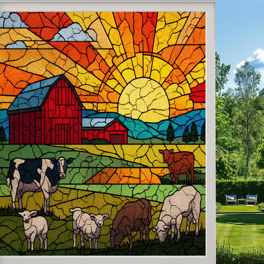 Countryside Cow Sheep Privacy Window Film, Sunset Farm Animals Frosted Self-Adhesive Vinyl Cling for Glass Doors Bathroom Windows Sun Blocking Heat Control, （55x120cm）