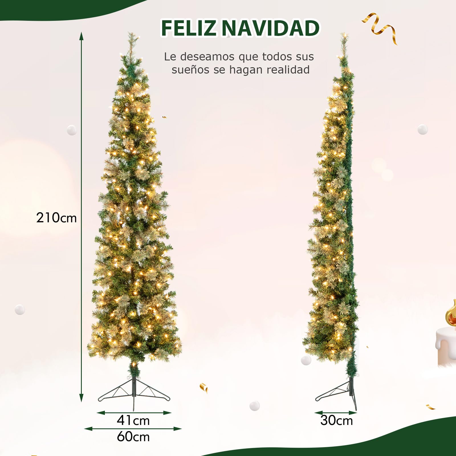 COSTWAY Medio Árbol de Navidad Slim/Estrecho con Luces 210cm, Arboles de Navidad Delgado, 403 Ramas PVC, Arbol de Navidad con Luces Incorporadas 150 Luces LED，Arvore de Natal Casa/Oficina