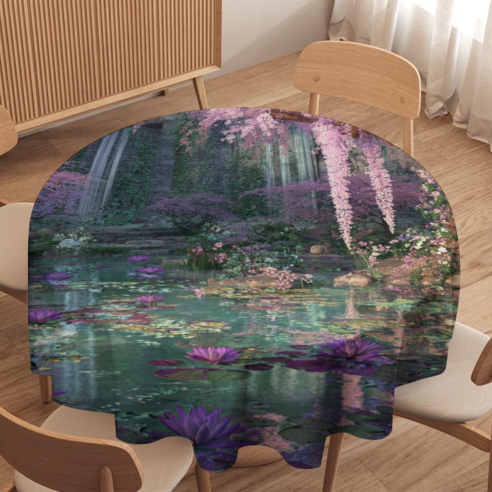 LUYYSKY Rustic Abstract Cherry Blossom Waterproof Round Tablecloth Modern Aesthetic Spring Waterfall Lotus Flowers Print Washable Table Cover for Kitchen-91.4" Wx91.4 L cm