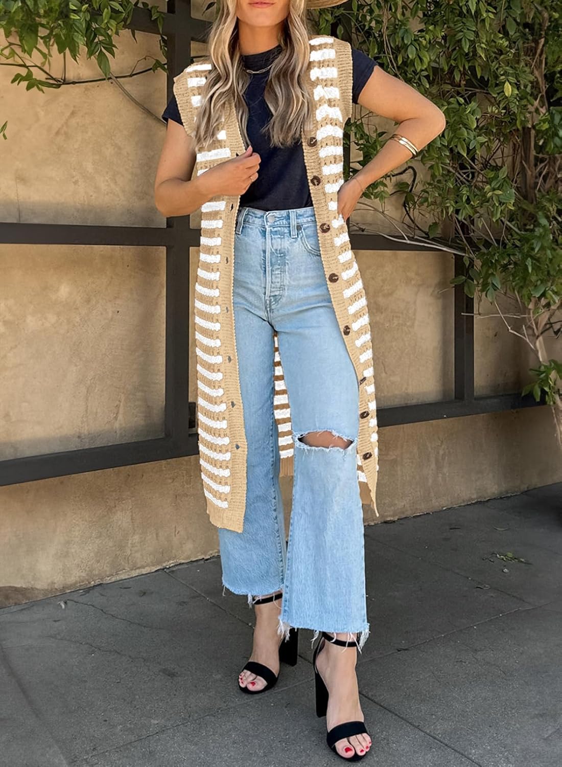 BLENCOT Women's V Neck Striped Fall Sweater Vest Causal Sleeveless Button Cardigan Midi Cover Up Tank Dresses - Image 5