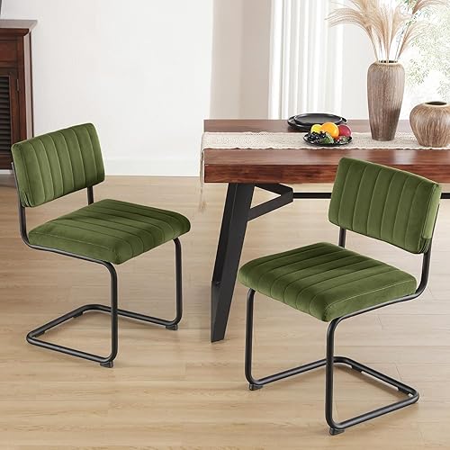 ONEVOG Juego de 2 sillas de comedor modernas de mediados de siglo, sillas de cocina de terciopelo verde con respaldo copetudo, asiento ancho