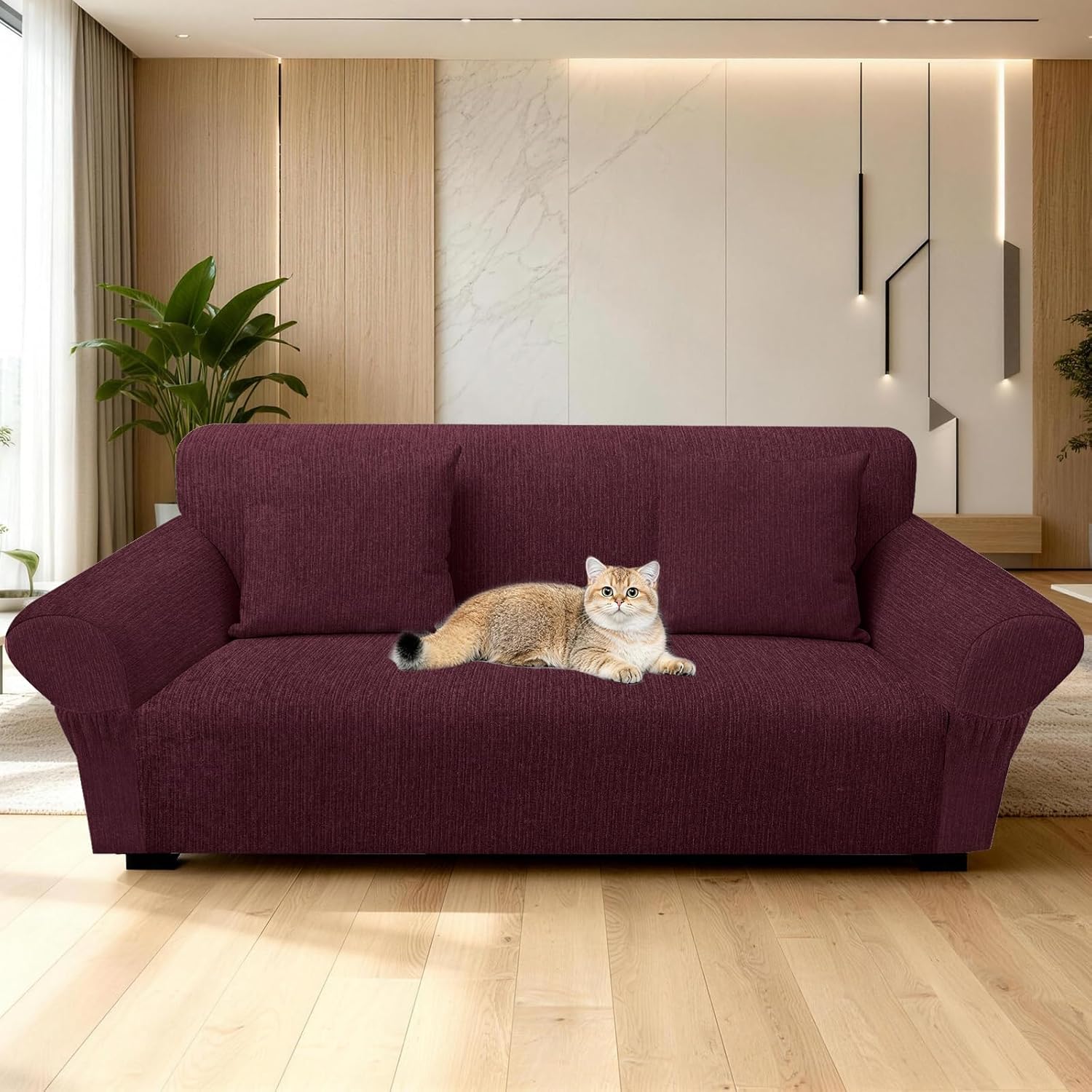 Loveseat Slipcover with 2 Pillow Cover for 2 Cushion Couch, Non Slip Furniture Protector with Elastic Bottom, Washable Loveseat Cover for Kids, Pets (Loveseat, Burgundy)