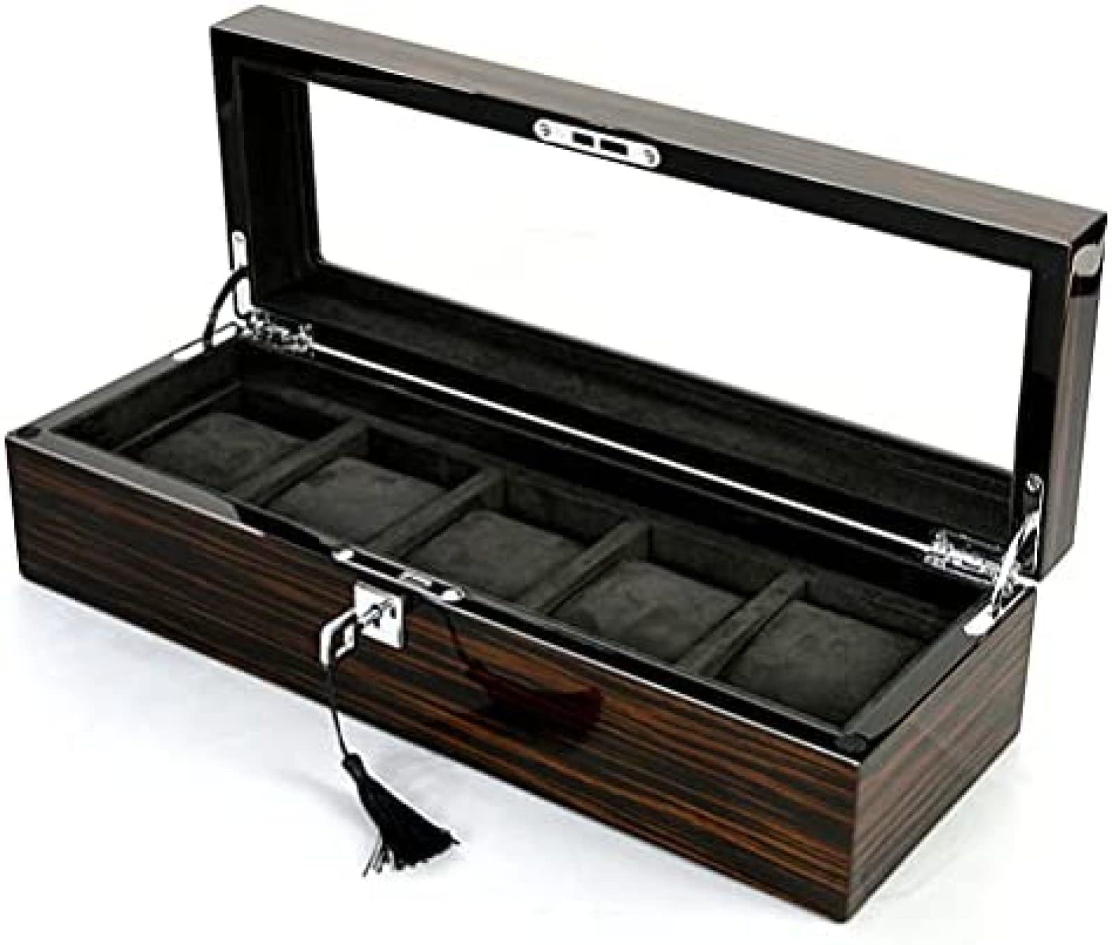 YNBSHGAA Watch Box for Women Men, 5 Grids Wristwatches Storage Box Wooden Watch Display Case Lockable Jewellery Organiser with Removable Watch Pillows Glass Lid